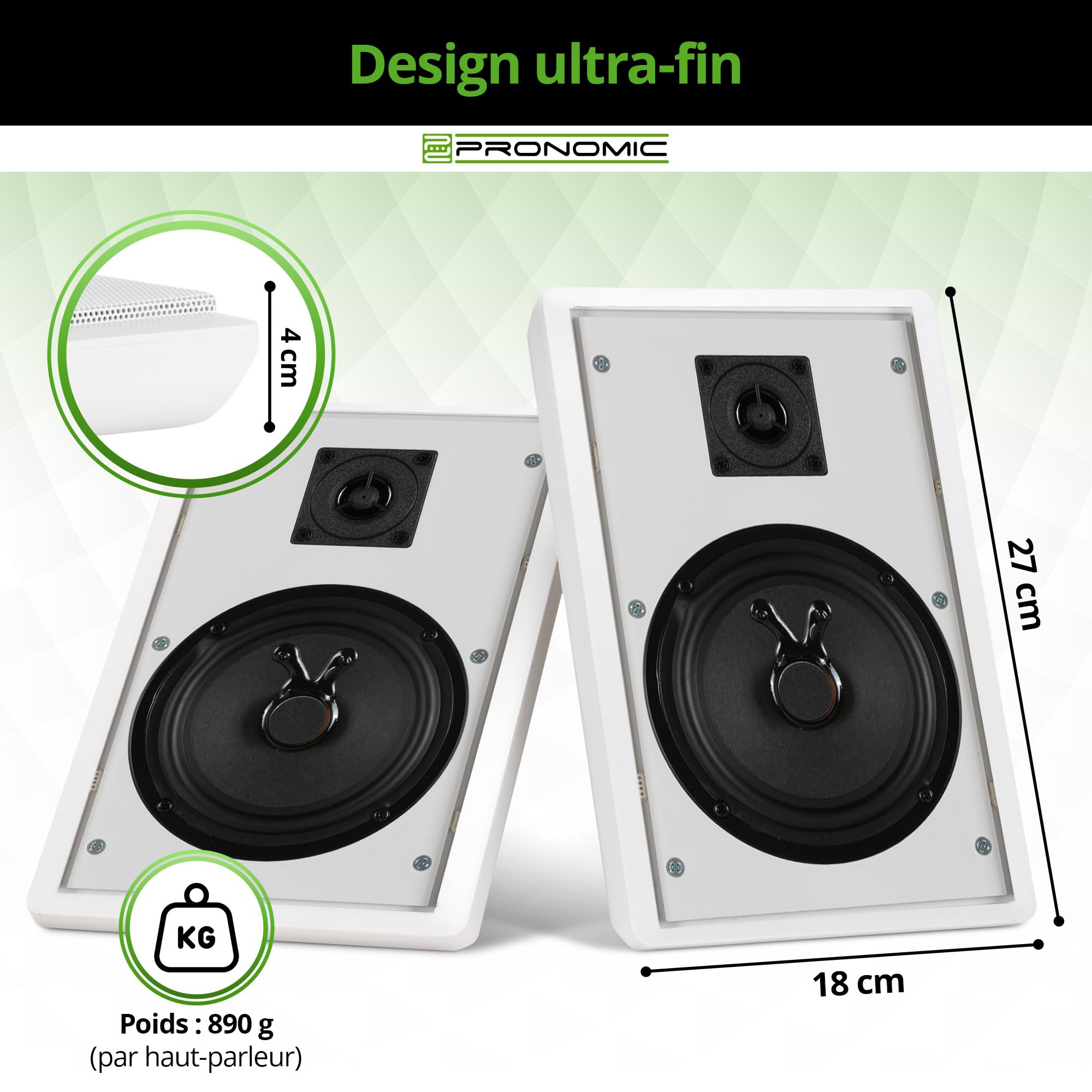 Pronomic FLS-540 WH Paire d'enceintes murales Flatpanel (Enceintes HiFi Plates, Enceinte 2 Voies, woofer 5,25"/133mm, Tweeter 1,2"/30mm, 25/50 Watts (RMS/Peak), Connexion à bornier) Blanches