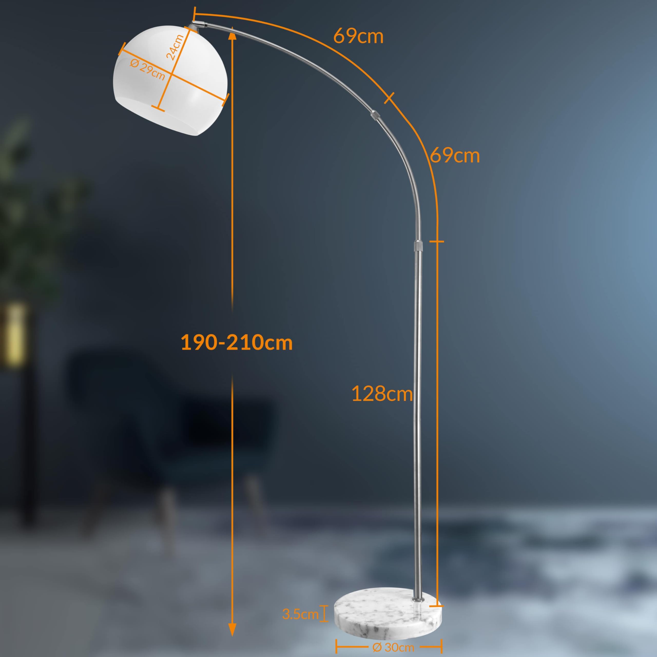 Monzana Lampada da Terra Altezza Regolabile 190-210 Base Marmo Acciaio Inox Piantana ad Arco Orientabile Salotto Soggiorno