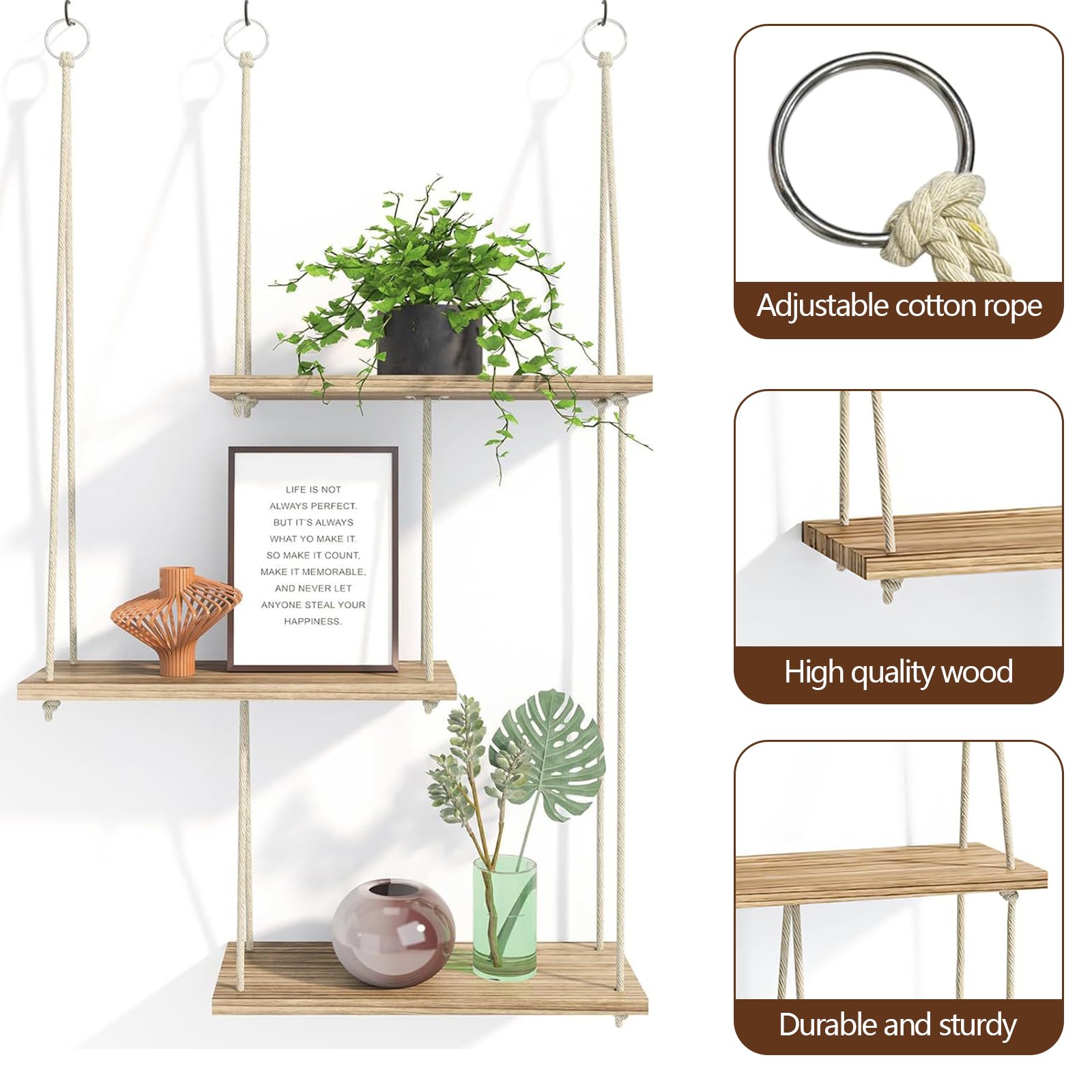 JSUOEO Hanging Shelves for Wall 3-Tier Boho Wood Floating Storage Shelf Wall Decor Small Plants Hanger with String Rope for Bedroom Living Room Kitchen Nursery - Image 4