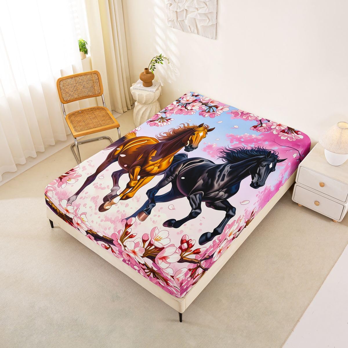 Homemissing Sábana bajera ajustable con 2 fundas de almohada, tamaño King, diseño de caballo galopante, con bolsillo profundo de 16 pulgadas de profundidad, ropa de cama de caballo para niños, niñas