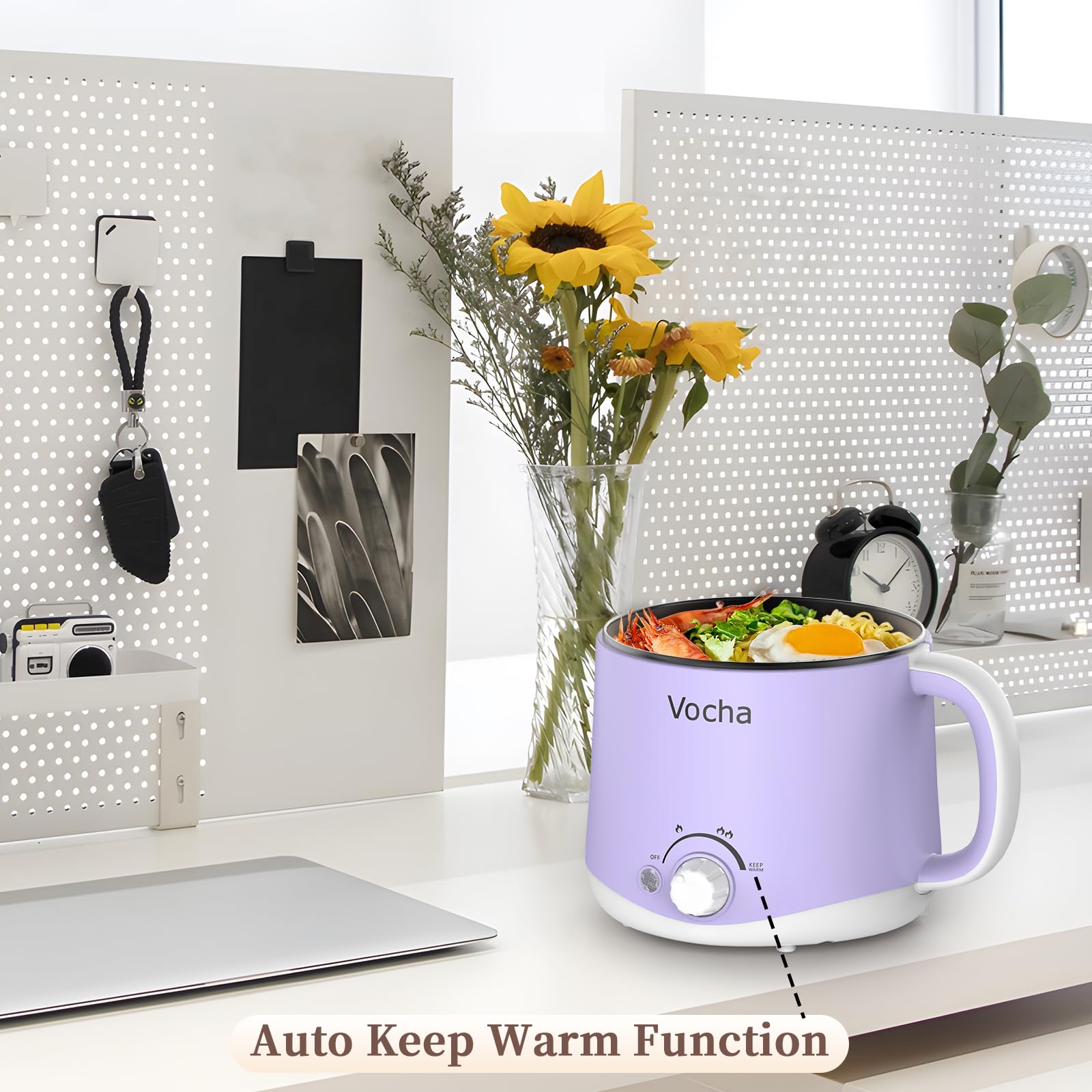 Vocha Elektrische Hot Pot, 1.6L Kleiner Kochtopf mit Warmhaltefunktion, Tragbare Schneller Suppentopf, Multi Reisekocher für Suppe/Ramen/Pasta/Haferflocken/Ei, mit Dual Power (Violet)