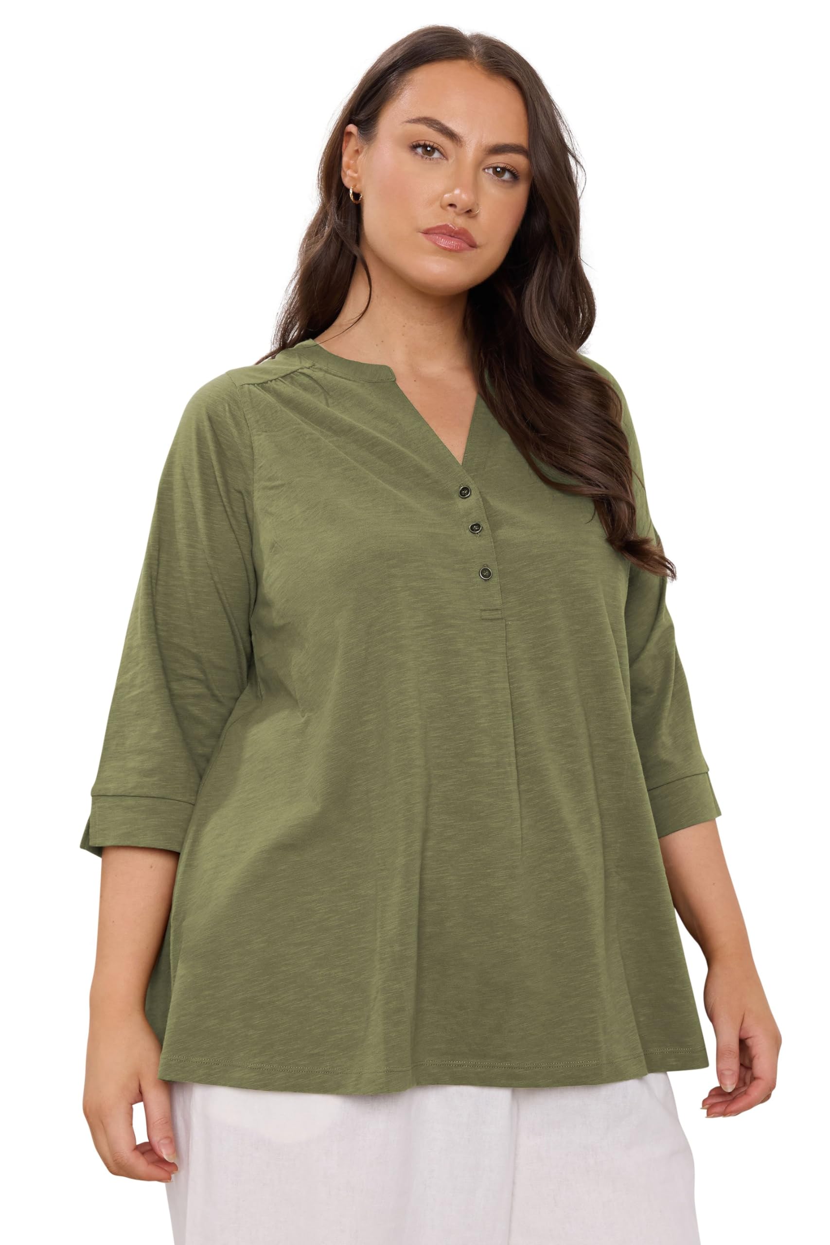 Evans Women's Green Plus Khaki Pleat Front Henley Top Size 30-32
