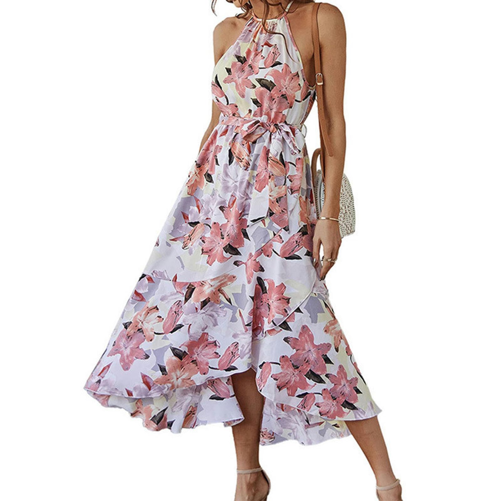 Robe longue sans manches fluide à volants avec ceinture ajustable pour l'été