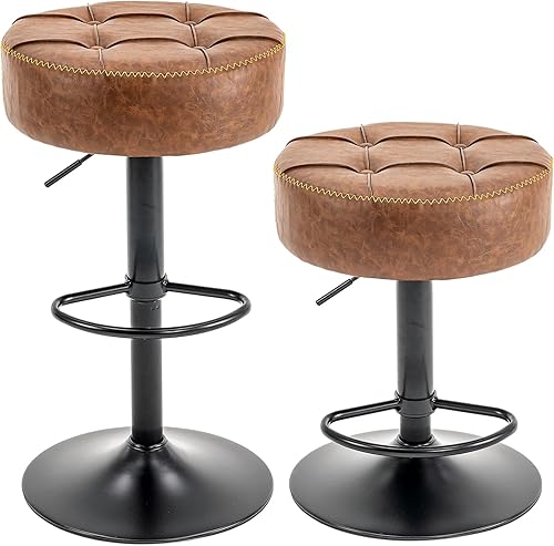 Juego de 2 taburetes de bar redondos de piel sintética negra, taburete giratorio de altura ajustable de 360, silla de bar sin brazos con marco de
