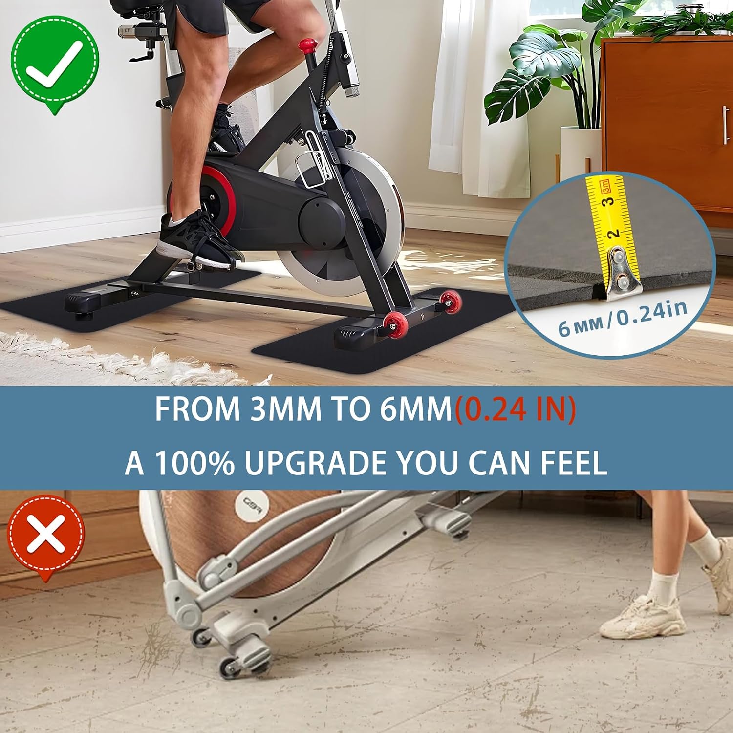 2PCS Stationary Bike Mat, Non-Slip Floor Protector for Exercise Bike, Rower | 0.24" Thick Cushion, Split 2-Piece Design, Noise Reduction, Floor Protection, Fits Peloton Bike & Concept 2 Rower