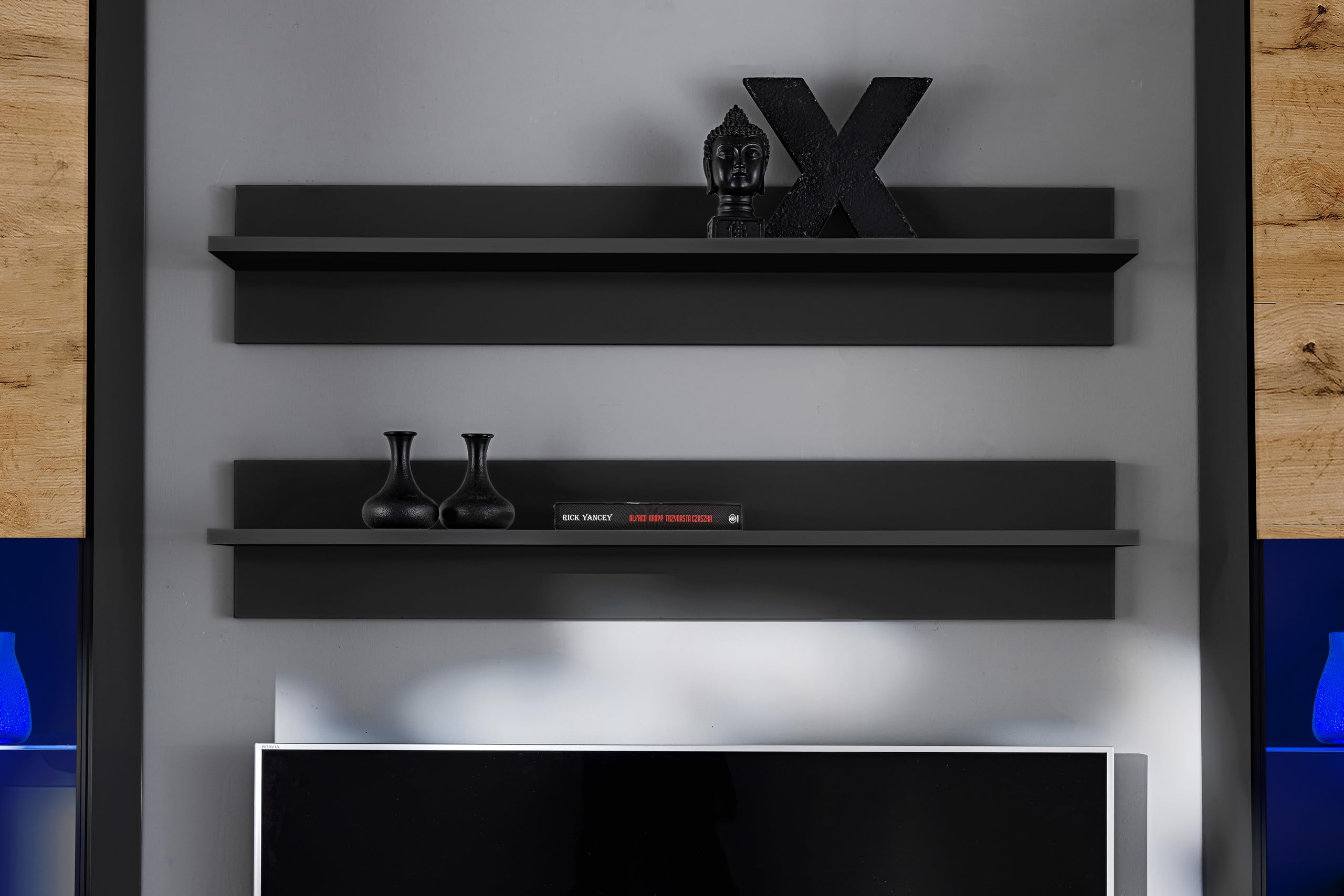 Komodee, Set Di Mobili RTV Varallo, Nero/Wotan, Larghezza 200 cm x Altezza 195 cm x Profondità 45 cm, LED RGB, Per Soggiorno, Camera Da Letto