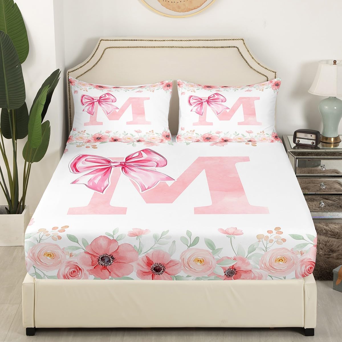 Erosebridal Dreamy Princess Bowknot Full Bed Sheets, Pink Initial Letter M Fitted Sheet Cute Kawaii Letter Bow Bed Sets Romantic Flower Floral Bowknot Bedding Decor Set 3 Pieces with 2 Pillowcases