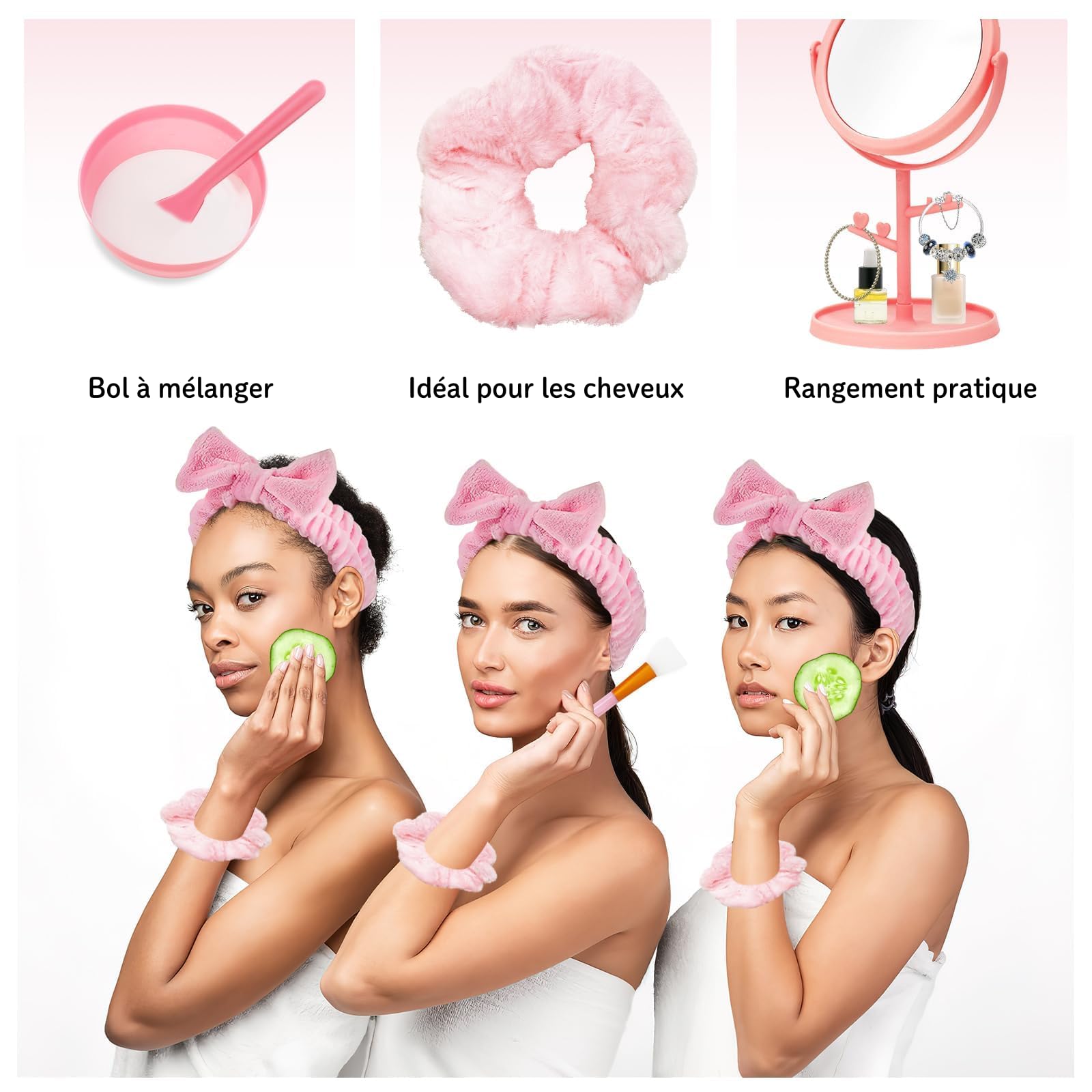 Juego de 48 kits spa rosa – estuche spa para mujer 6 personas con cuencos de máscara, pinceles, espátulas, espejos, estuches de maquillaje, bandas, cochus, toallas para noche de pijama, cumpleaños