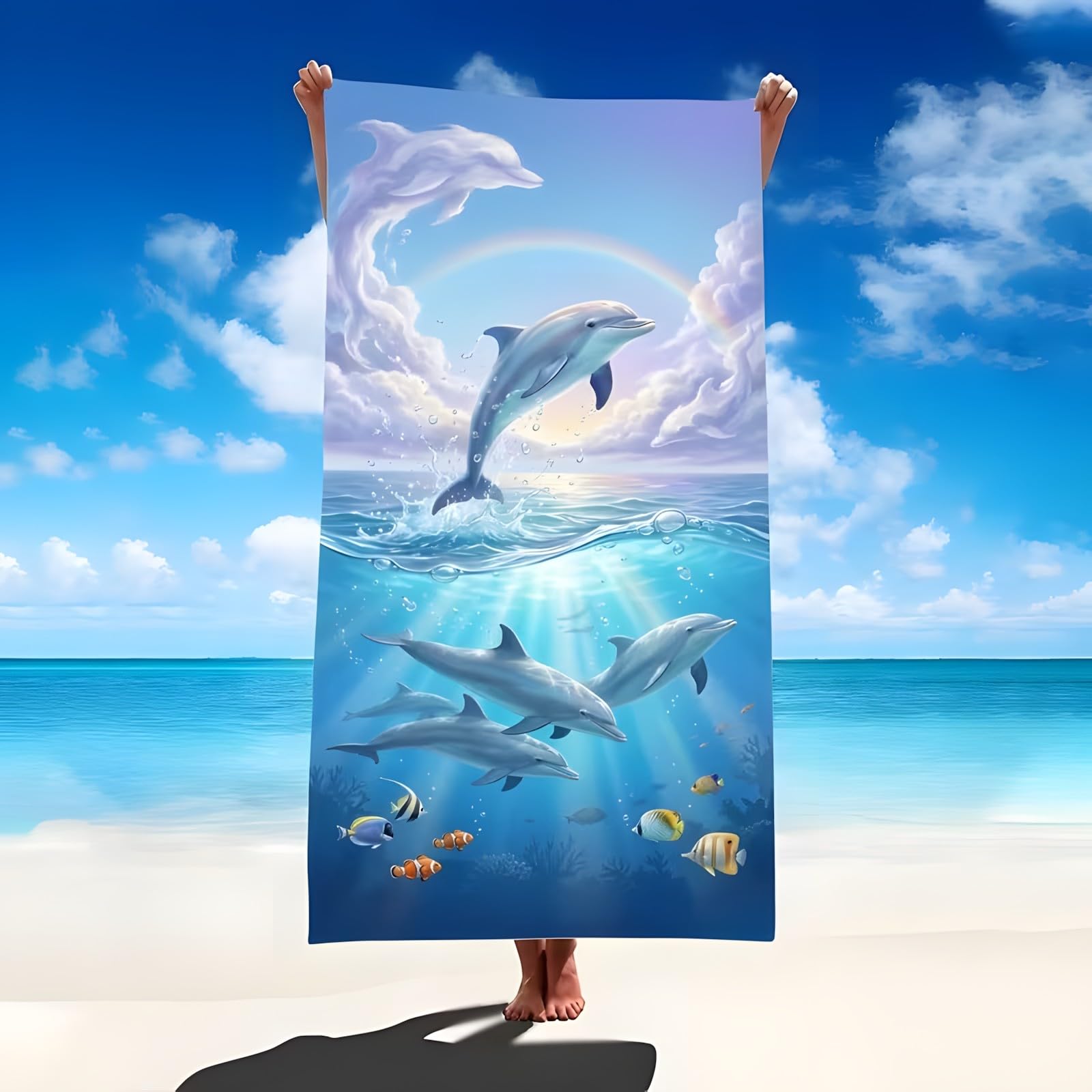 YZQGLHP Dolphin Microfibre Beach Towel Rainbow Beach Bath Towel Quick Drying, Lightweight, Sand-Free, Durable, for Pool, Gym, Camping, Travel Towel 180x200cm