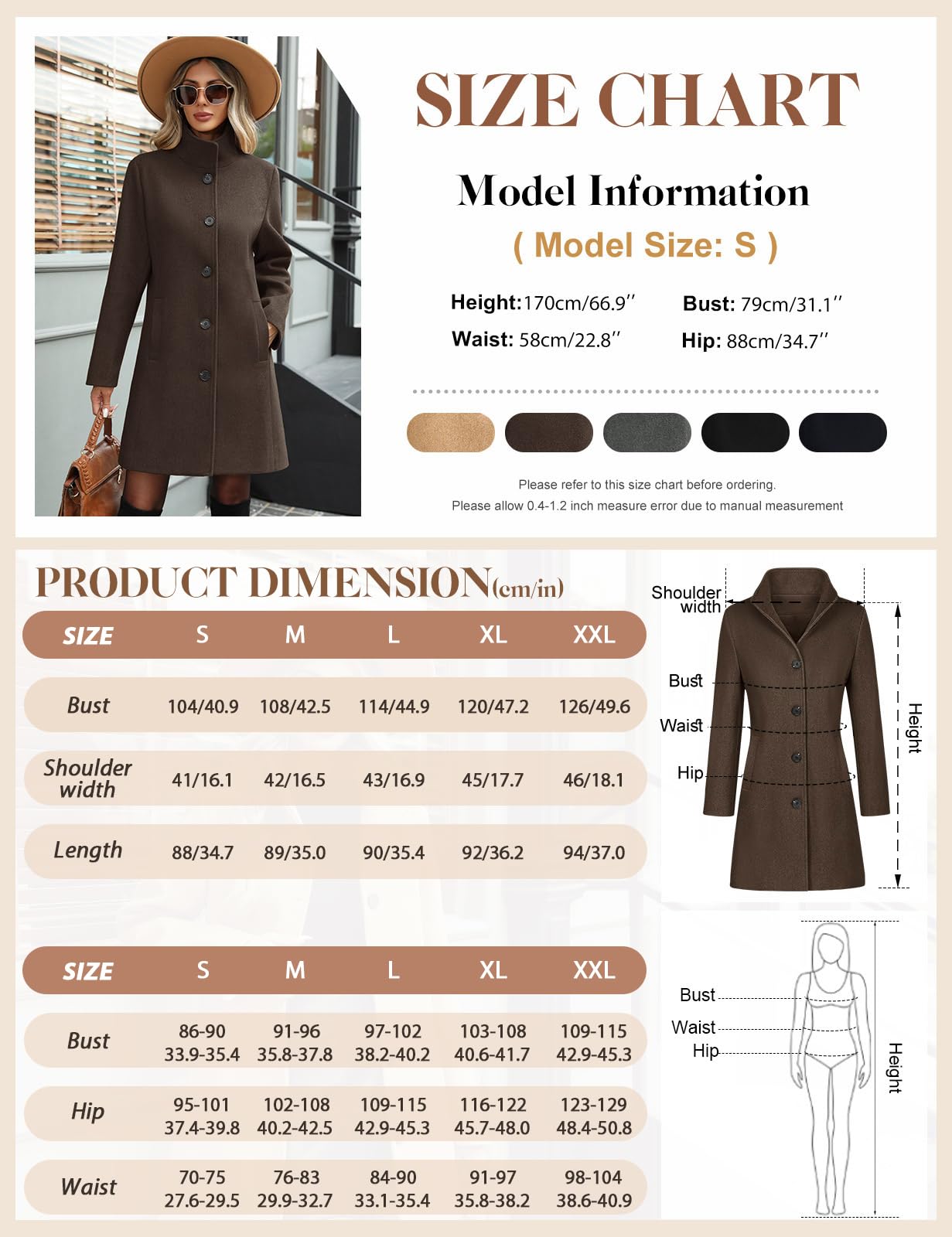 Manteau Femme Hiver Élégant Veste Longue Manteau d'hiver à Revers Trench-Coat Boutonnage Chic Manteaux Chaud Jacket avec Poches