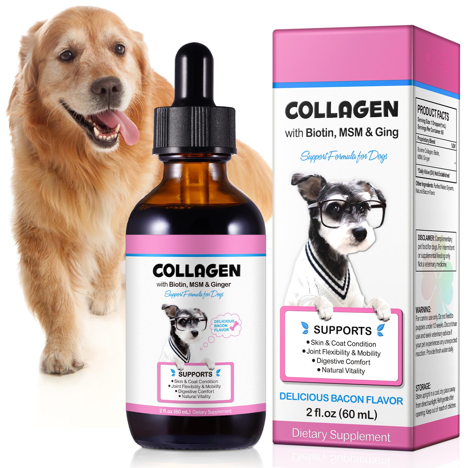 Collagen for Dogs, Dog Collagen Liquid Supplement with Biotin, MSM & Ginger for Joint Support, Skin & Coat Care, Itch Relief & Digestive Comfort - Bacon Flavour, 2 fl.oz