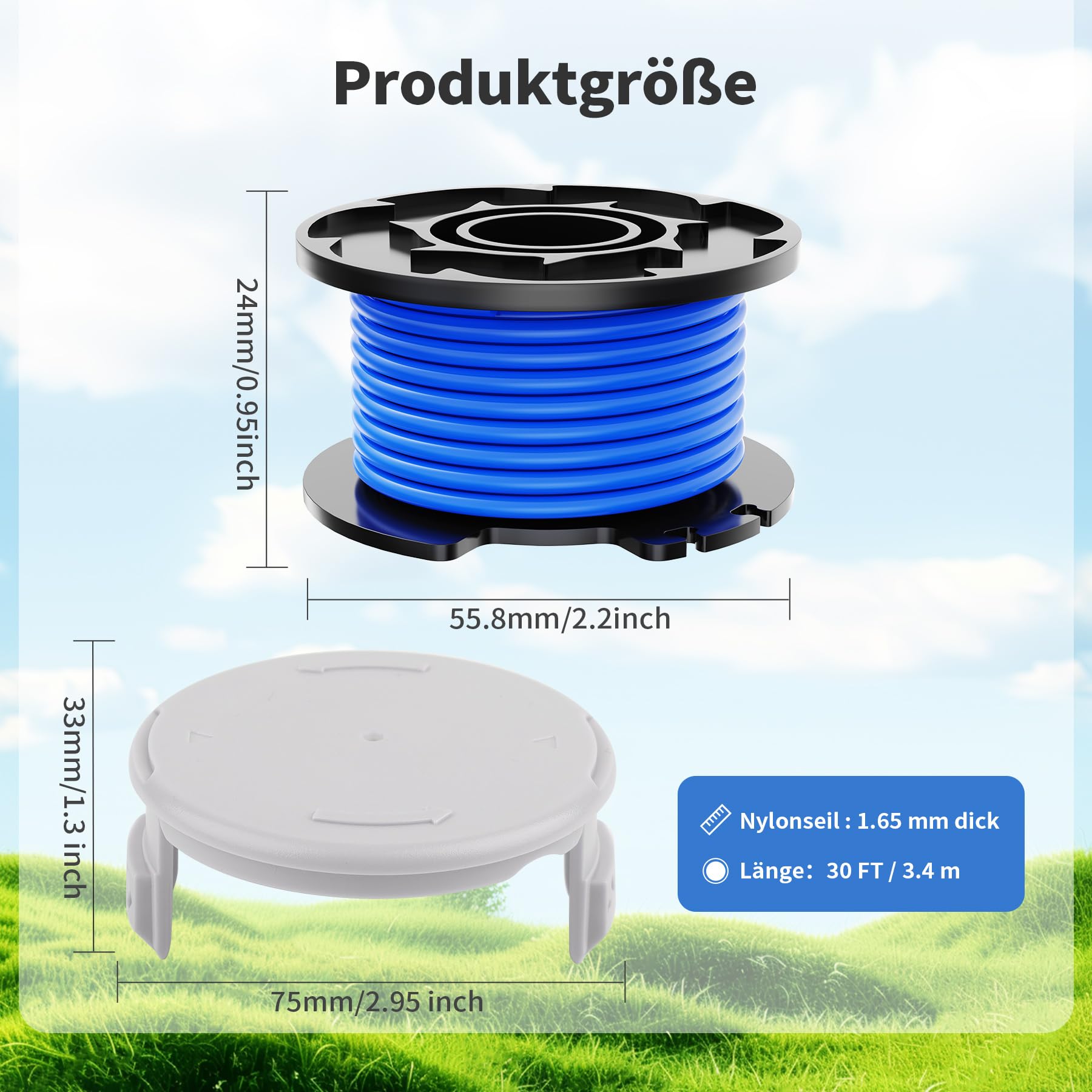 Forever Speed Szpula żyłki do podkaszarki do trawy 1,60 mm, 3,4 m, kompatybilna z podkaszarką Ryobi One+, model szpuli AC14RL3A (8 zapasowych szpul, 2 nasadki)