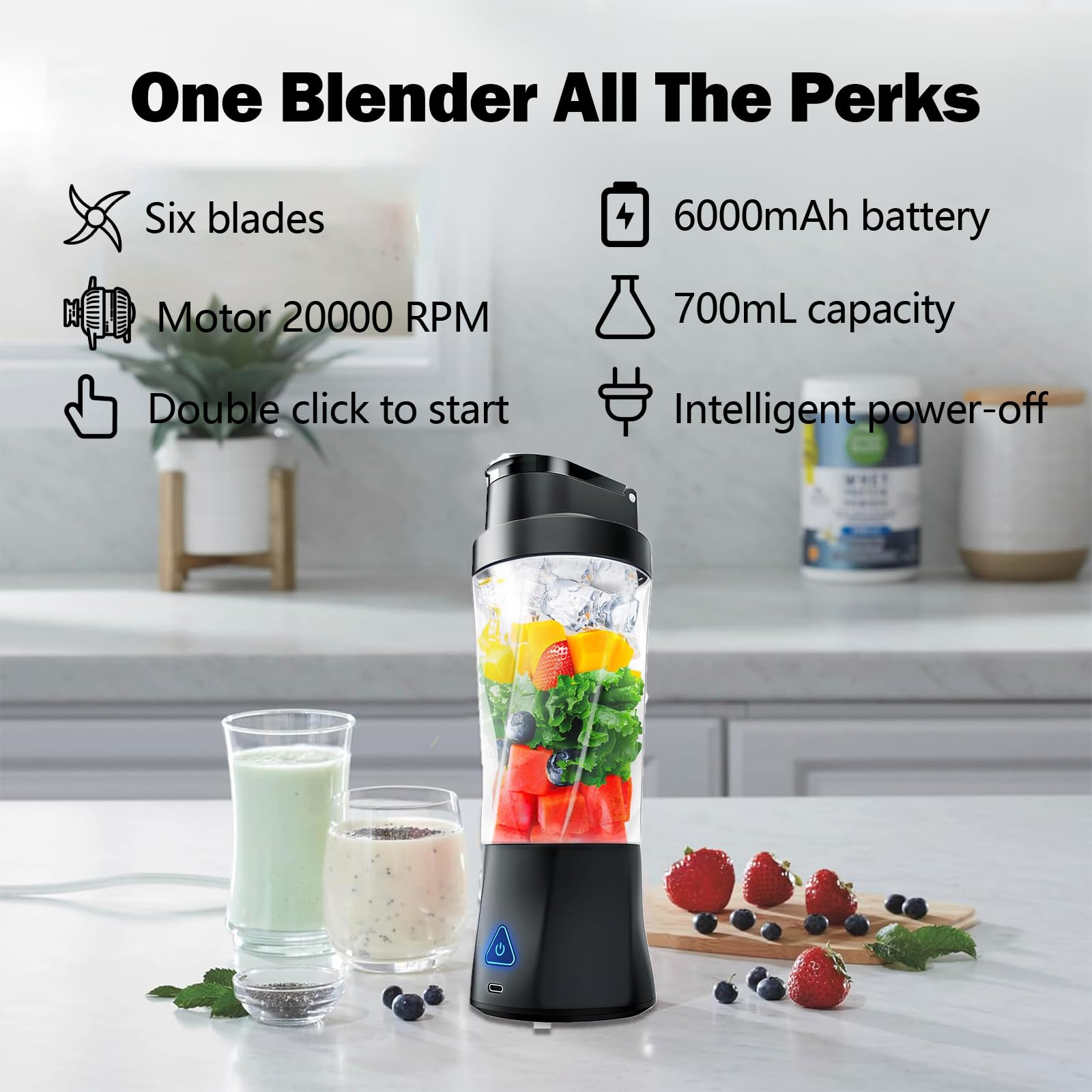 Windyupon Portable Blender, 24oz Personal Blender for Shakes & Smoothies, 6000mAh, Leakproof-Lid & Sip Spout, BPA Free, USB-C Rechargebale and Self Cleaning Portable Juicer with 6 Sharp Blade, Black