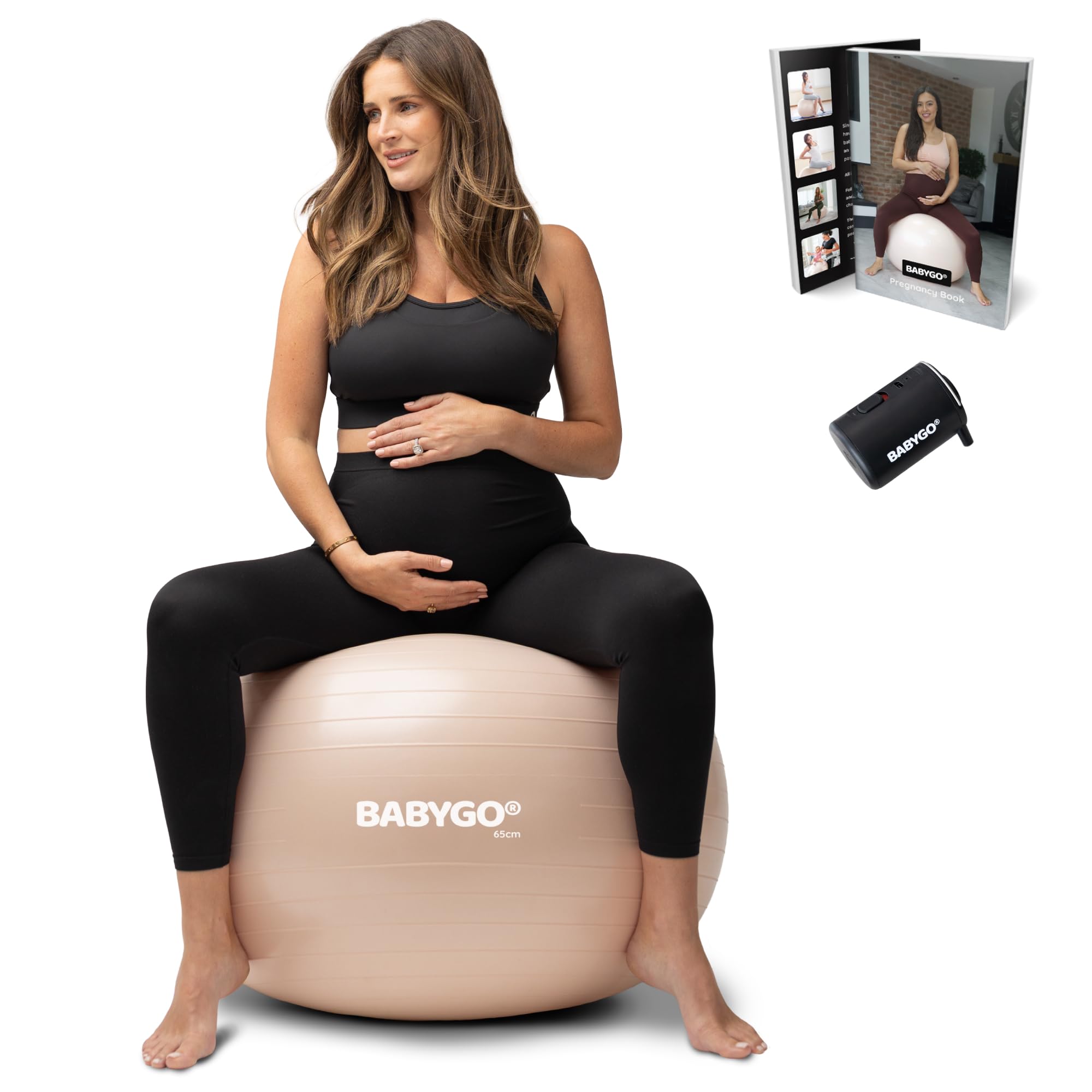 BABYGO Birthing Ball For Pregnancy Maternity Labour & Yoga + Our 100 Page Pregnancy Book, Exercise, Birth & Recovery Plan, Anti-Burst Eco Friendly Material (Nude, 65cm - Electric)