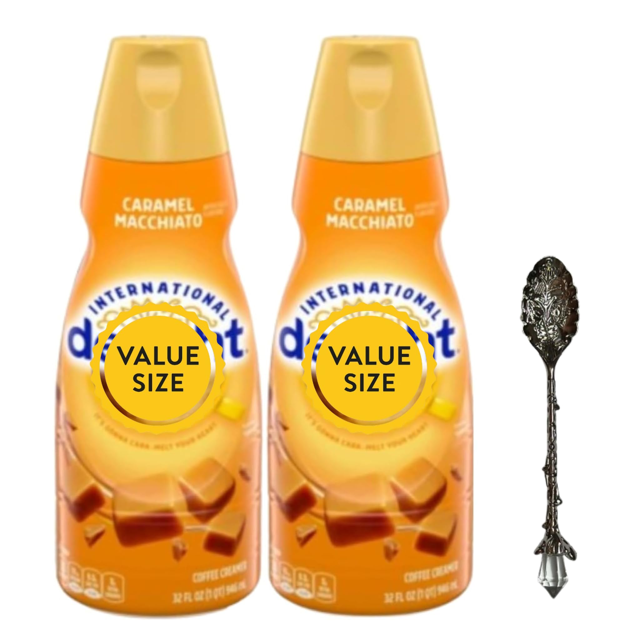 Caramel Macchiato Liquid Coffee Creamer.- Two (2) 32 fl oz Bottles of Smooth & Creamy Delightful Coffee Creamer and Candy Freezer Gem Spoon (Caramel