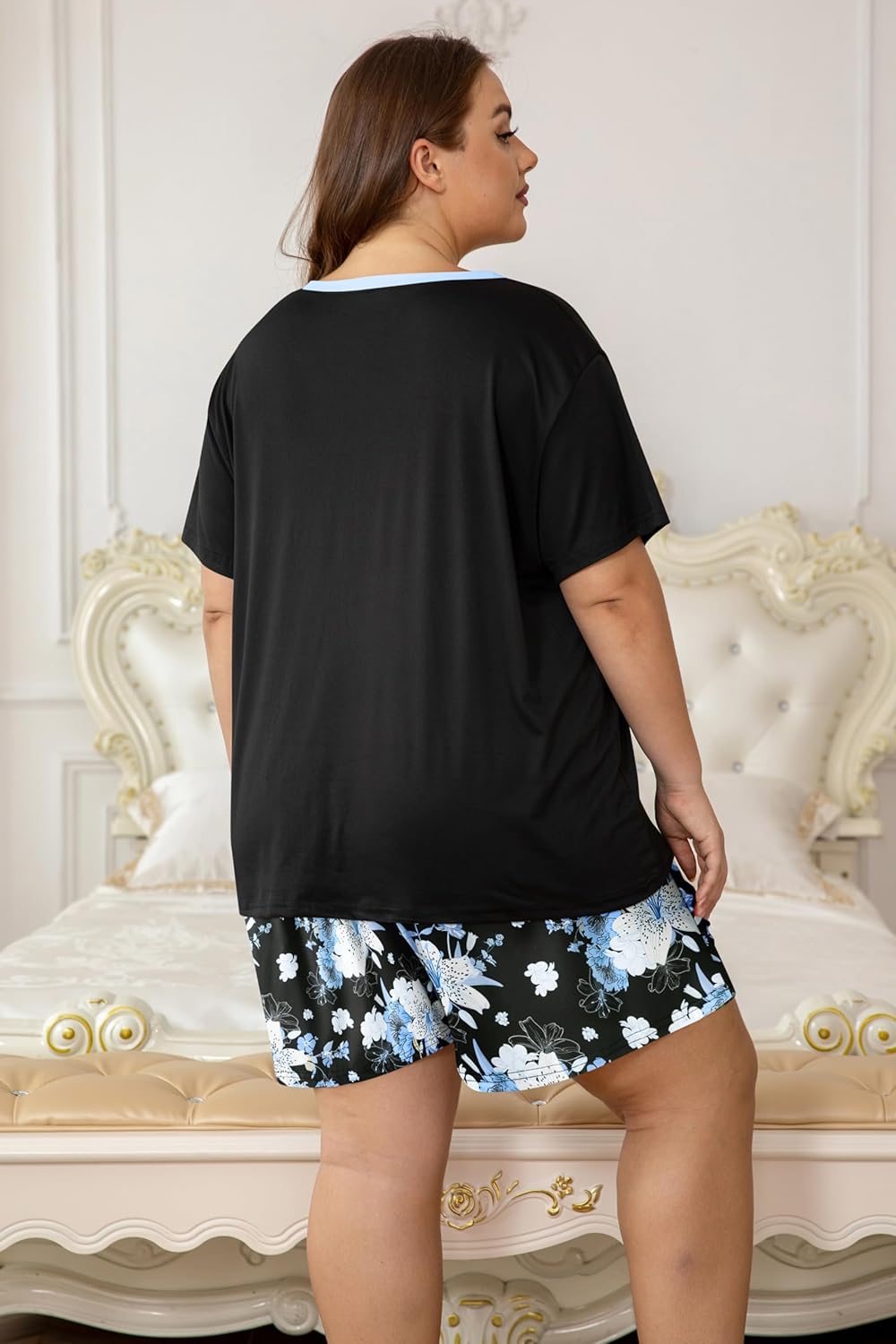 Vozanet Women's Short Sleeve Top and Shorts Pajama Sets Plus Size V Neck Colorful Flower Nighty Loungewear With TWO Pockets - Image 2