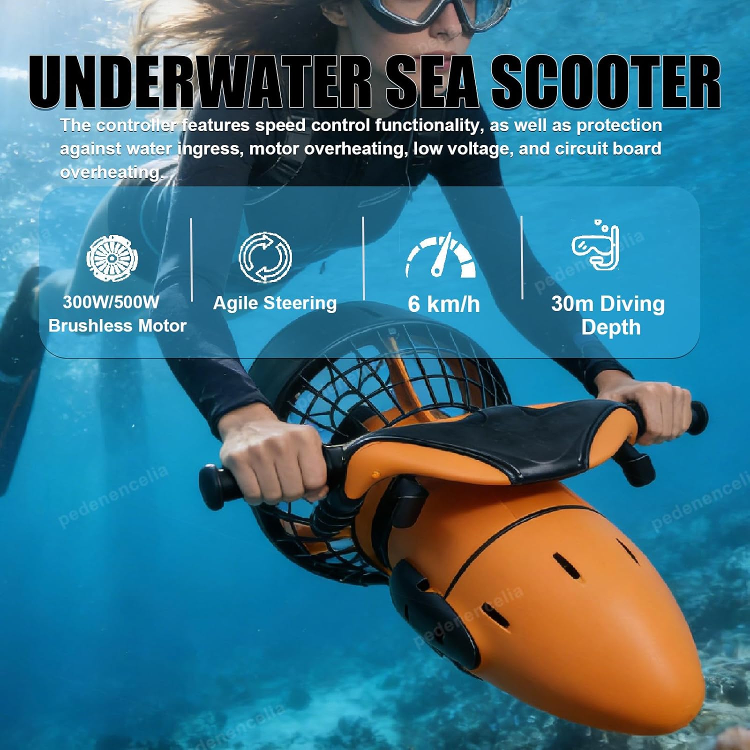 Underwater Booster/Underwater Sea Scooter, 300W/500W Dual Speed Submersible Thruster, 3.7mph Max Speed, 30M Depth Capable, Lightweight and Portable, for Water Sports 500W