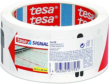 tesa Signal Social Distancing Tape - Marking Tape to Keep Distance - 1.5 m Safety Distance - Self-Adhesive for Indoor and Outdoor Use - White/Red - 50 m x 50 mm