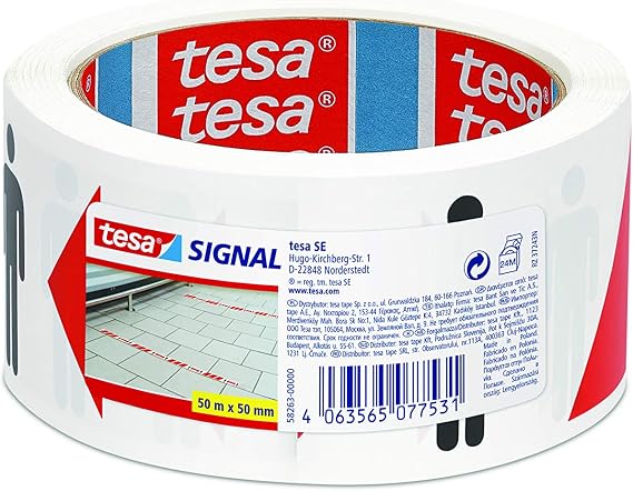 tesa Signal Social Distancing Tape - Marking Tape to Keep Distance - 1.5 m Safety Distance - Self-Adhesive for Indoor and Outdoor Use - White/Red - 50 m x 50 mm