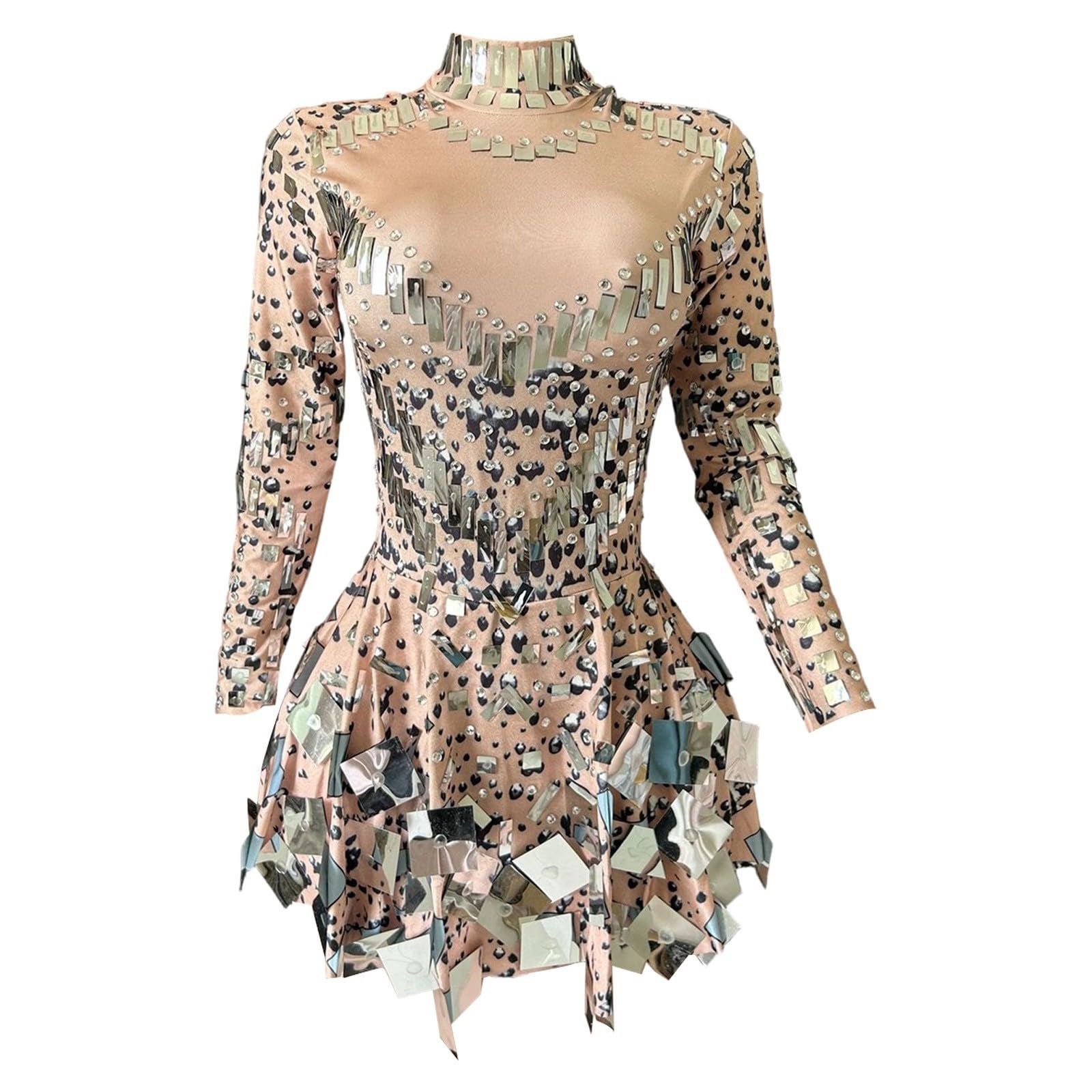 Lentejuelas Vestido Corto Sparkly Salón de Baile Disfraz Espejo Mujeres Equipo Sexy Escenario Llevar Lujo Bailarina Traje de Bailarina Cuello Alto Vestido Brillante Mini Vestidos Metálicos