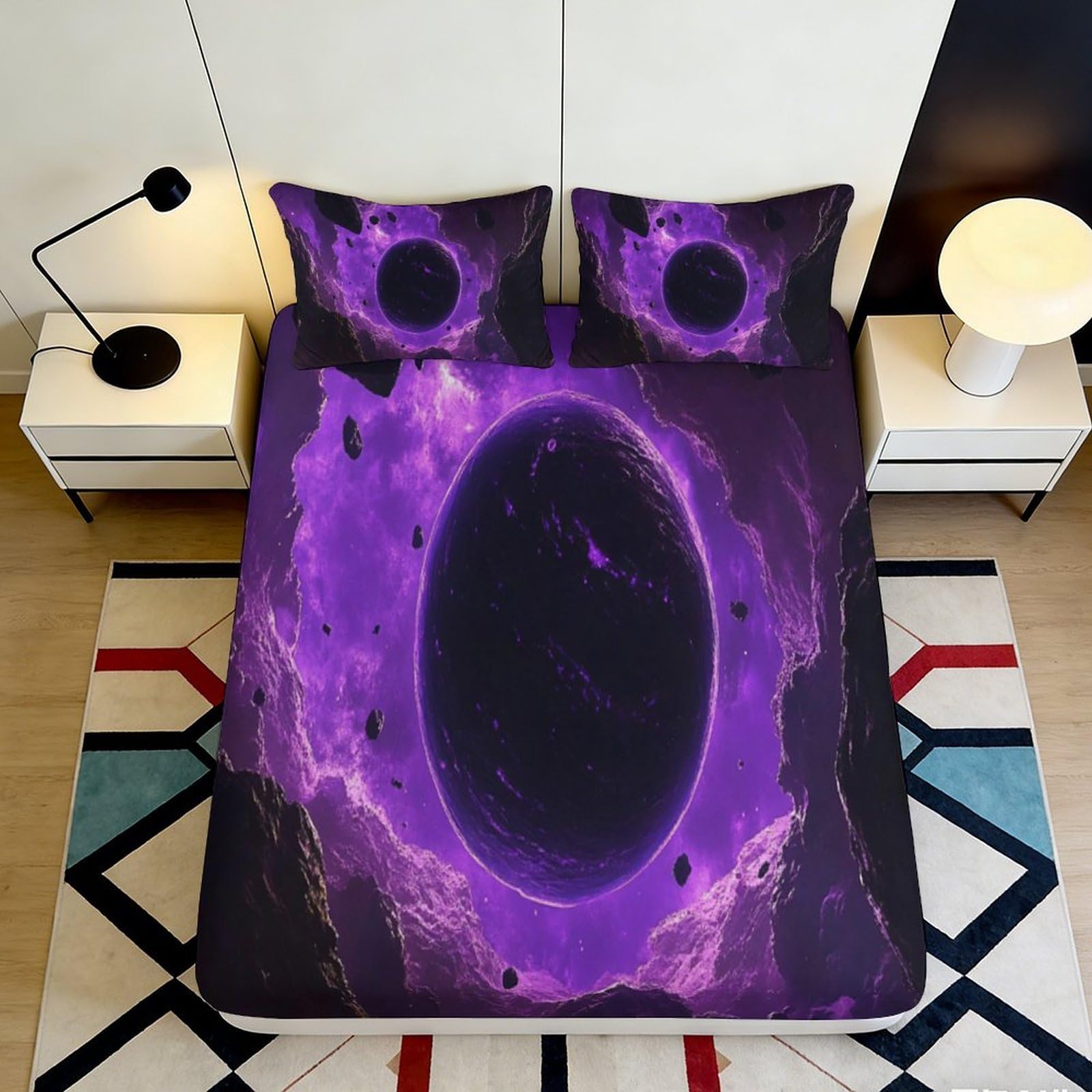 3D Printed Purple Galaxy Fitted Sheet Microfiber Soft Breathable Cosmic Nebula Mattress Cover for Bedroom Dorm Decor 160x200x25cm