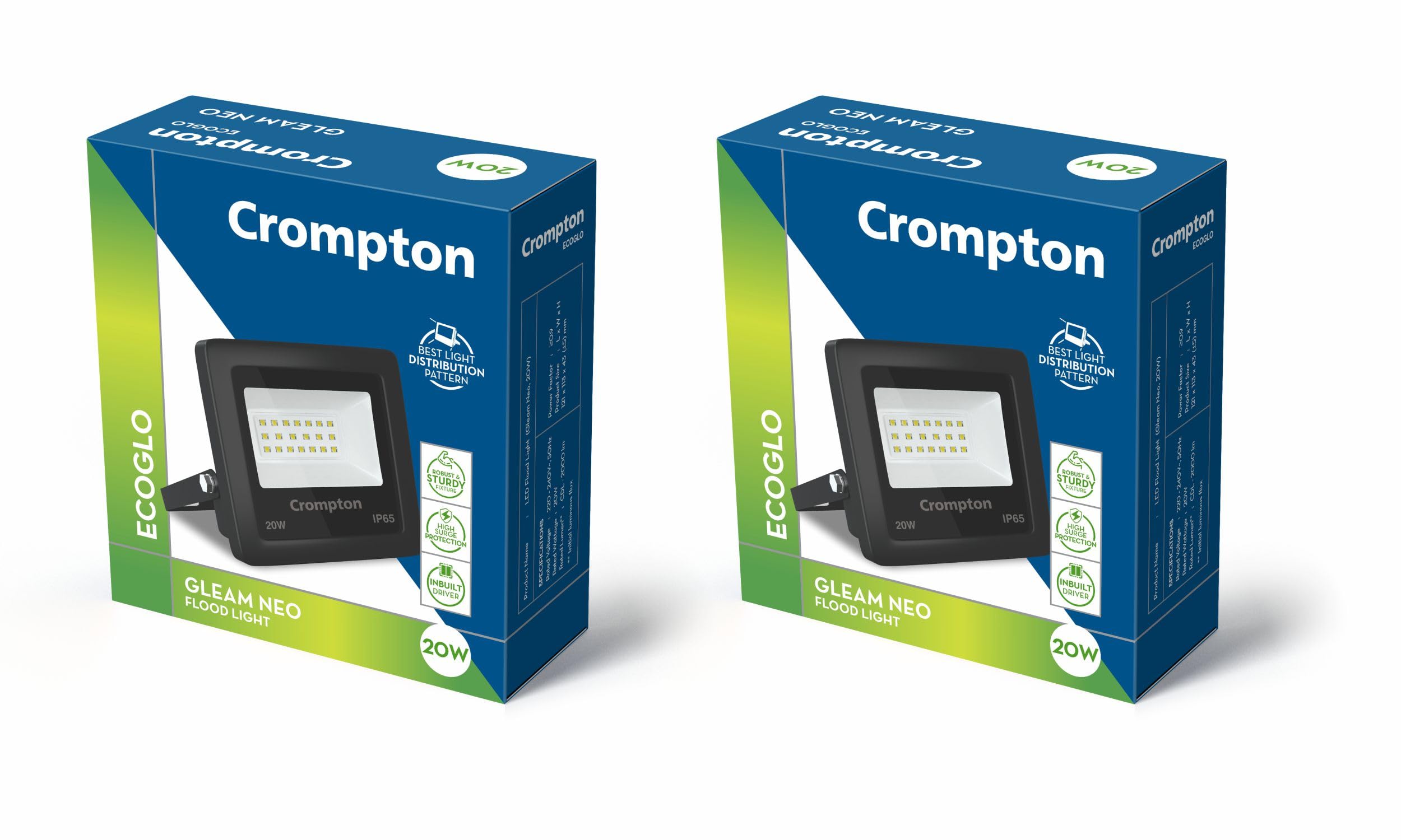 Crompton Gleam 20 Watt Outdoor Waterproof LED Flood Light | Wide Angle Beam| (Cool Day Light 6500K) - Pack of 2 (B0D1V77CFX) Amazon Price History, Amazon Price Tracker