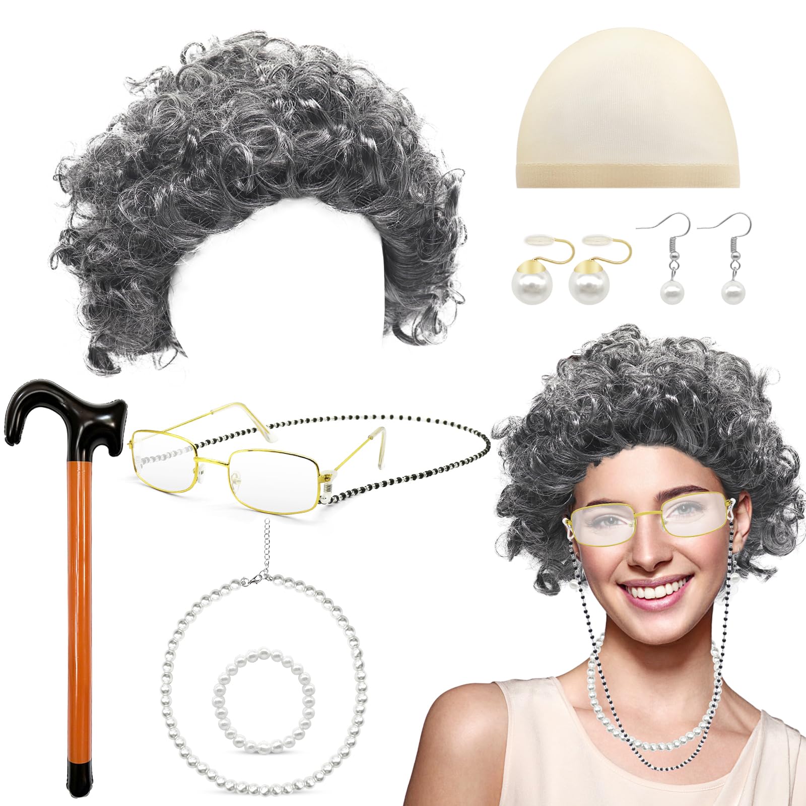 8pcs Old Lady Costume Set, Granny Wig Set Including Glasses Necklace Inflatable Walking Stick Earring Bracelet