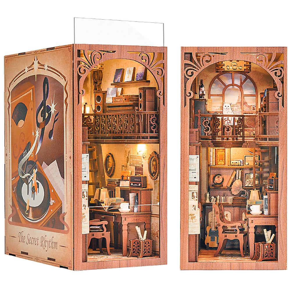 Cutefun DIY Case delle bambole Book Nook Model Kit,Reggilibri Scaffale Inserto Decorazione con fogli di polvere plug-able e luce LED,Kit di Costruzione di Modellini in Legno per Fai-da-Te(SZ03B)
