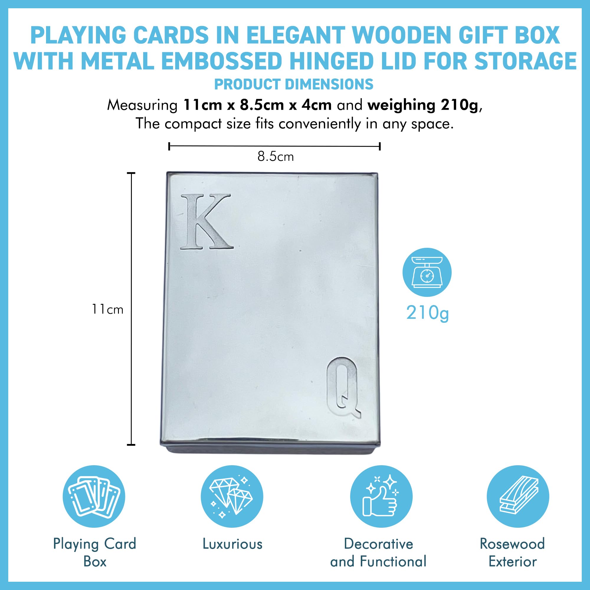 Thorness Playing Cards in Elegant Wooden Gift Box with Metal Embossed Hinged Lid for Storage, Brown and Silver, 11cm x 8.5cm x 4cm - Image 4