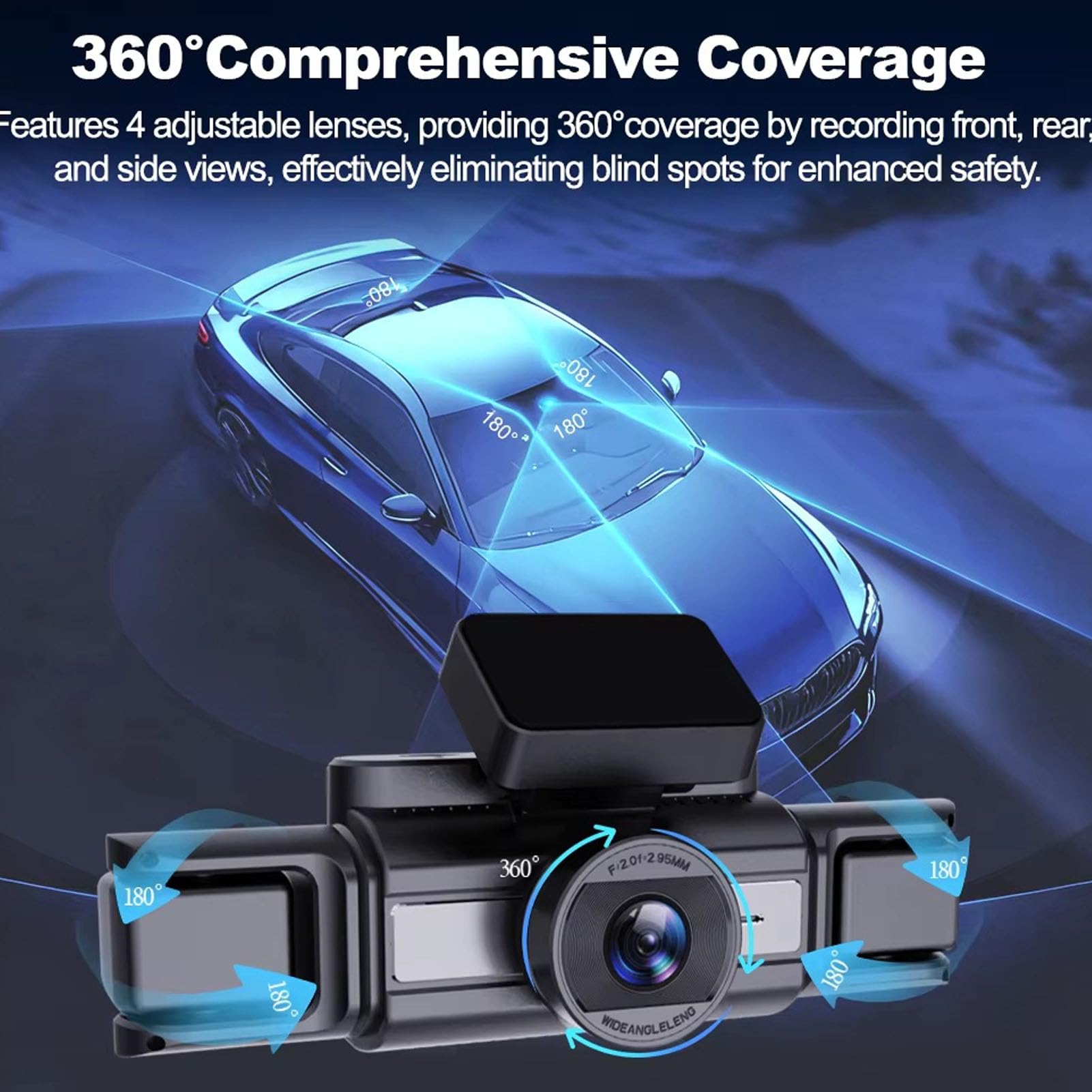 Dash Cam a 4 Canali con Vista a 360°, 4K+720P Anteriore, GPS WiFi 5G, Visione Notturna, Sensore G, modalità Parcheggio 24 Ore su 24, 7 Giorni su 7 per Auto e Camion
