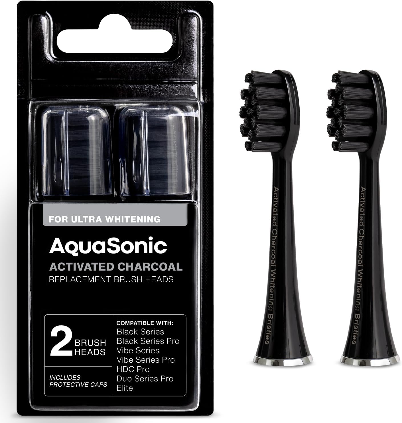 AquaSonic Genuine Standard Replacement Brush Heads | for Normal & Sensitive Teeth | Compatible with Many AquaSonic Toothbrush Handles (2 Pack Black)