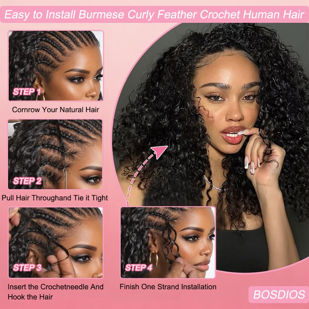 Burmese Curly Crochet Human Hair for Black Women 18 Inch 120g Knotless Pre-Separated Invisible Miracle Knots Feather Crochet Human Hair Lightweight Reusable Hair Extensions Natural Color