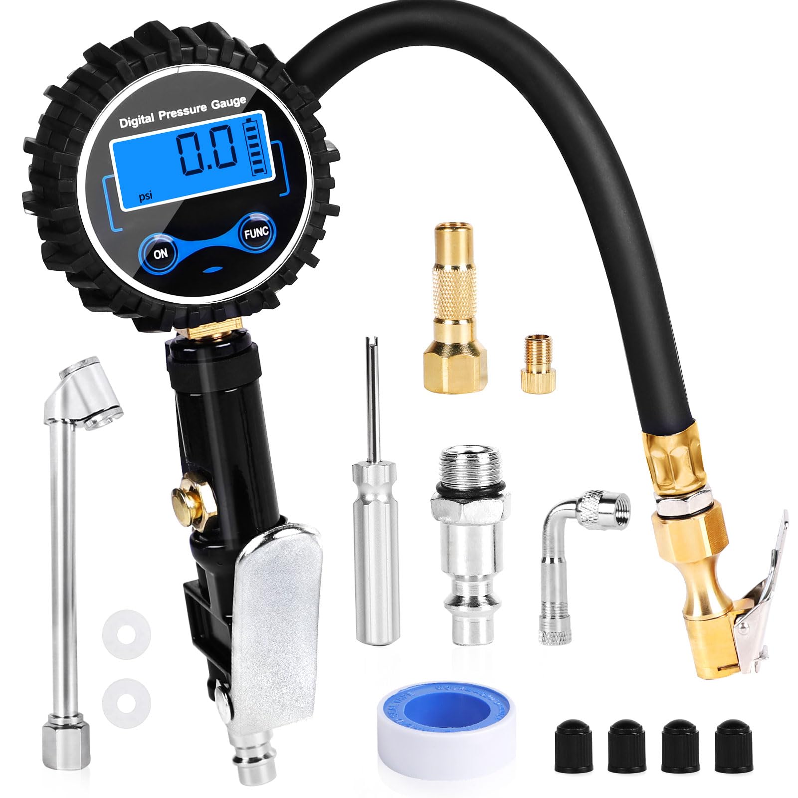 SWAWIS Manometro Pressione Gomme 200 PSI Pistola Gonfiaggio Pneumatici Manometro Digitale Kit Gonfiaggio Pneumatici Auto Gonfiatore per Pneumatici per Auto, Moto, Bicicletta