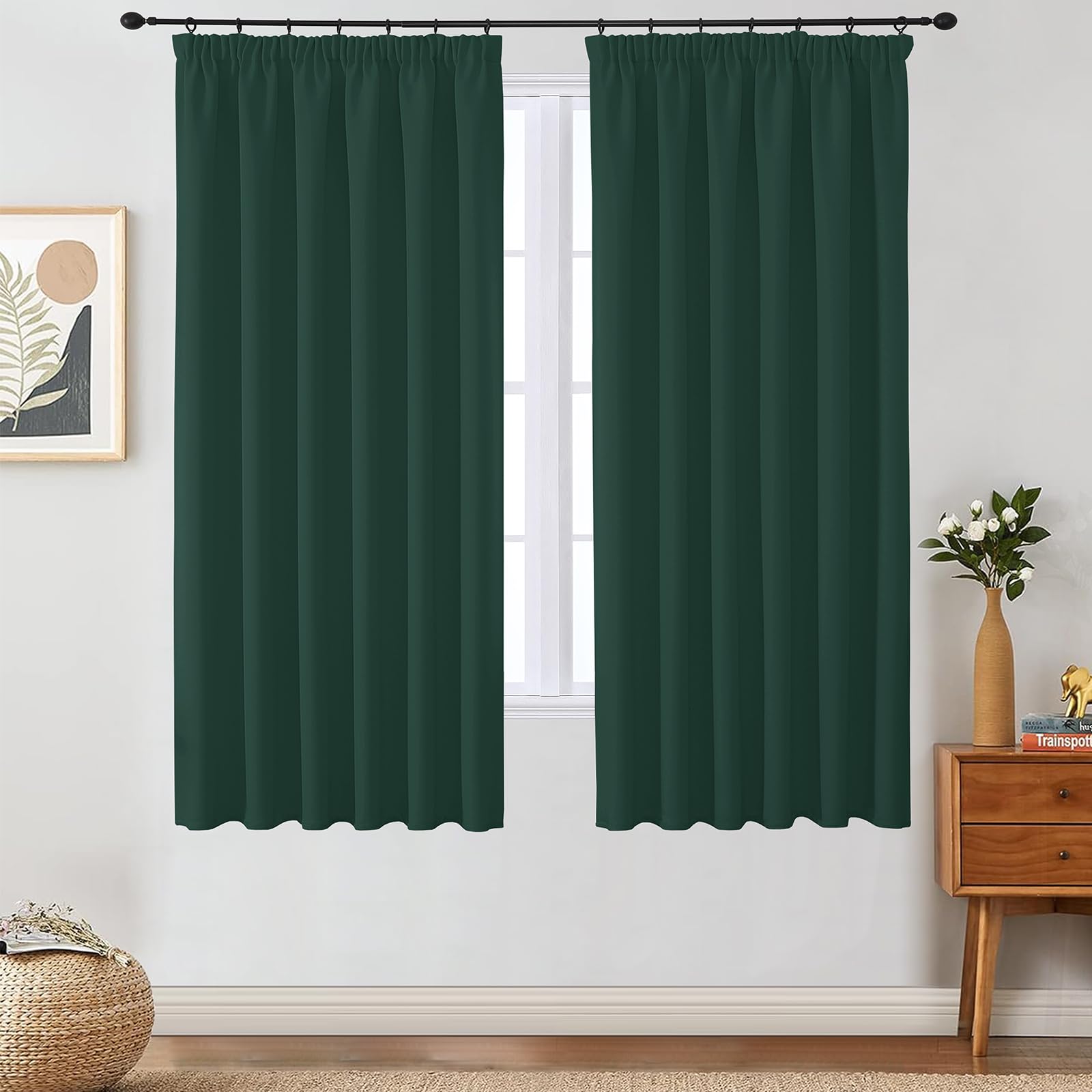 VEHEDE Short Curtains for Small Window – Pencil Pleat Blackout Drapes, Thermal Insulated, Blackish Green, W46 x L63 Inch, 2 Panels