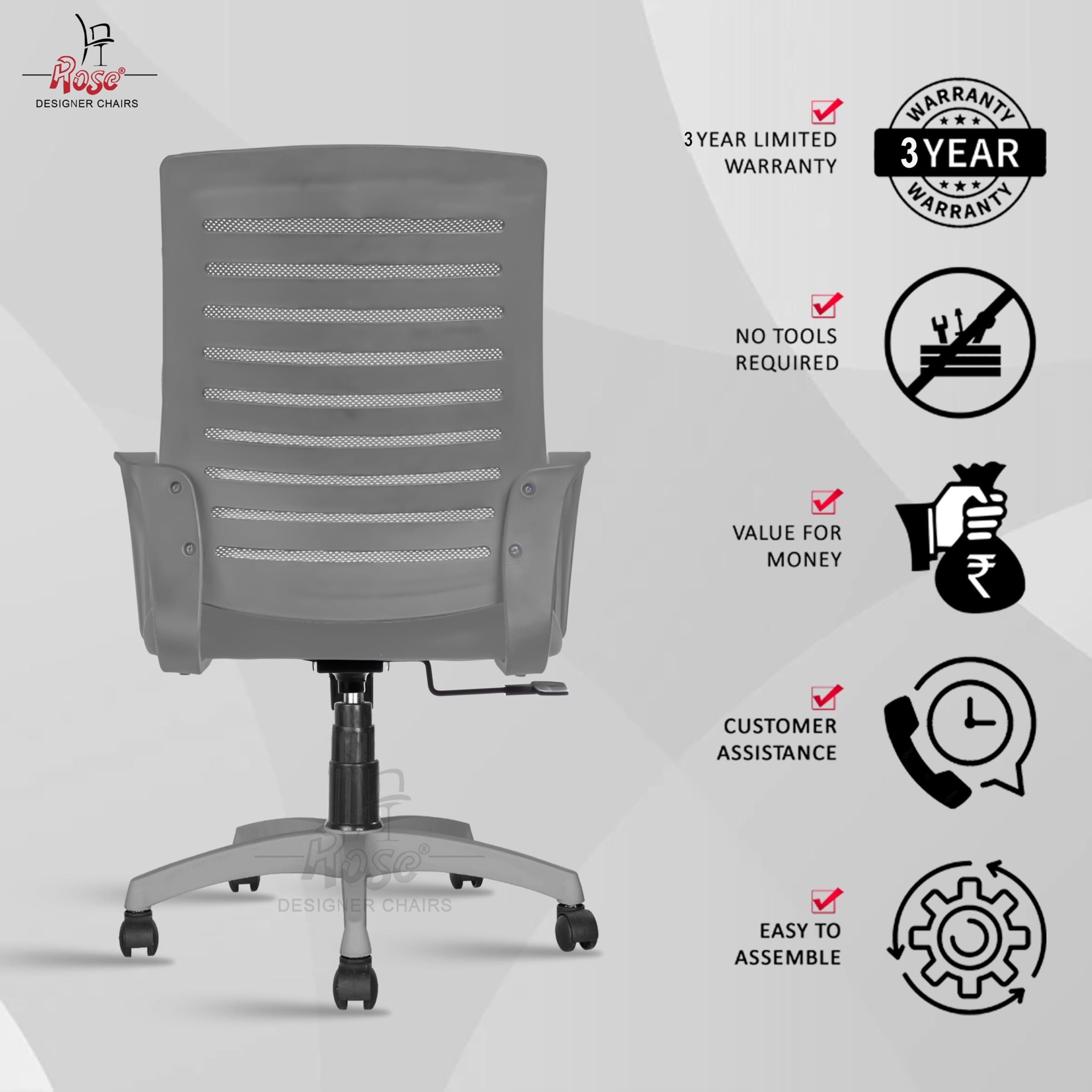 ROSE® Elite | 3 Years Brand Warranty | Ergonomic Office Chair, Study, WFH, Revolving, Rolling, Desk, Task, Laptop, Student Chair (Full Grey, Elite Pro MB) 4