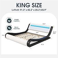 Vista 35 de WEEWAY Moderno marco de cama matrimonial con cabecera de luces LED RGBW, diseño de trineo tapizado de perfil bajo, soporte de listones de madera