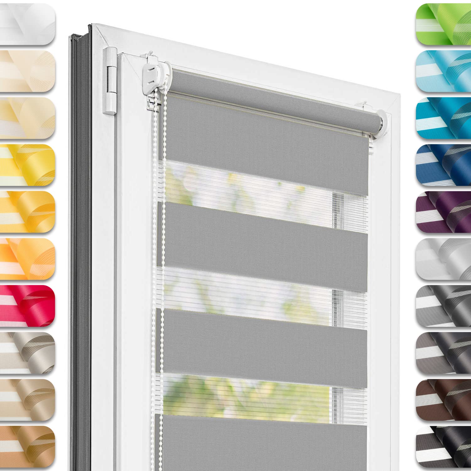 Estika Doppelrollo Klemmfix ohne Bohren - 140 cm x 120 cm - Grau - 27 Stofffarben, Tag und Nacht Duo Rollo, Rollos für Fenster ohne Bohren, Fenster Sichtschutz (140 cm Stoffbreite)