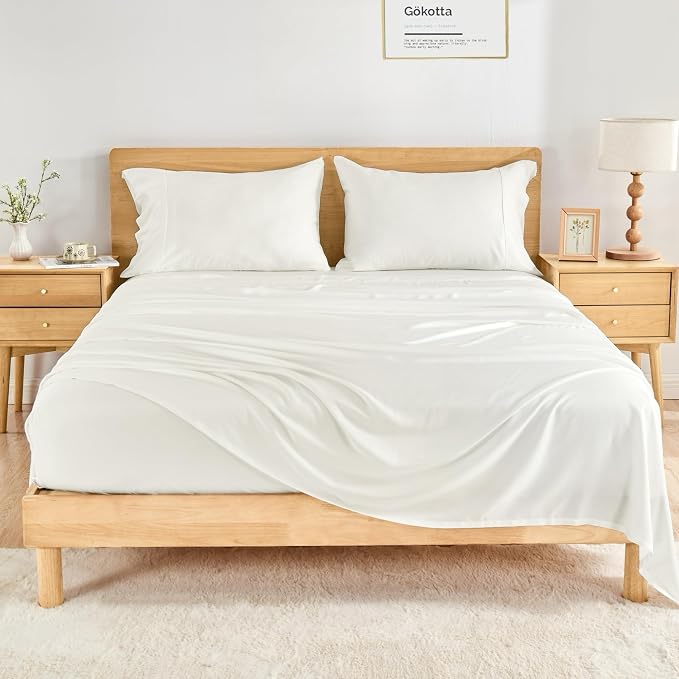 GOKOTTA King Size Bed Sheets 4 Piece Set, 100% Rayon Derived from Bamboo, Cooling for Hot Sleepers-Luxury Breathable Soft Sheets, Deep Pocket 16" Fitted Sheet with Elastic Corner Straps, Cream White