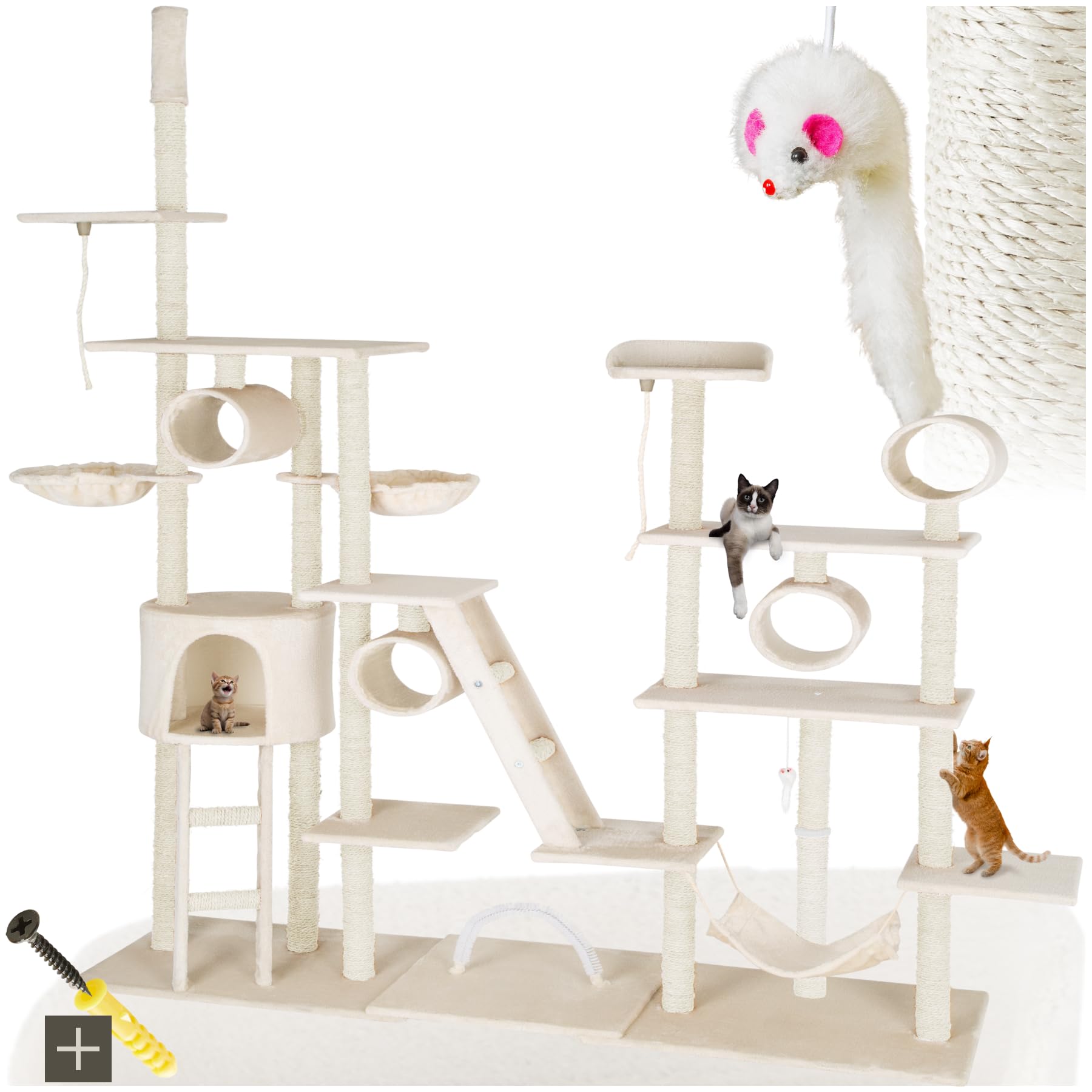 Tectake® Tiragraffi XXL per Gatti Con Cuccette Morbide, Colonne in Sisal, Topolino Giocattolo, Amaca - Albero Con Giochi, 261 cm - Beige
