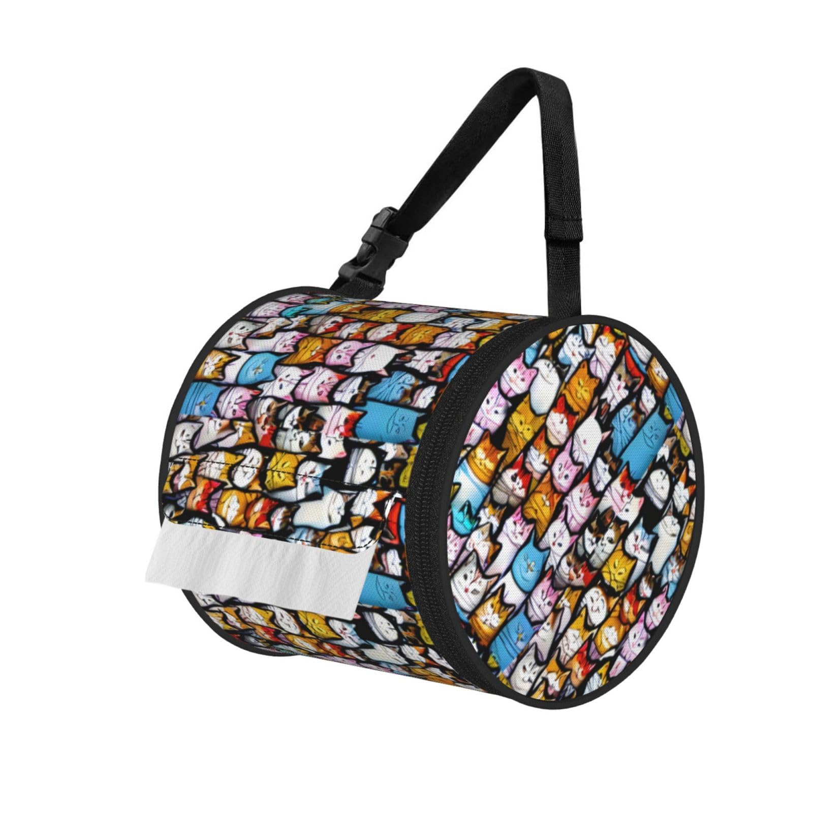 Jiuty Black Many Cartoon Cats Print Cylinder Tissue Organizer Bag With Strap, Portable Toilet Roll Holder For Camping Car