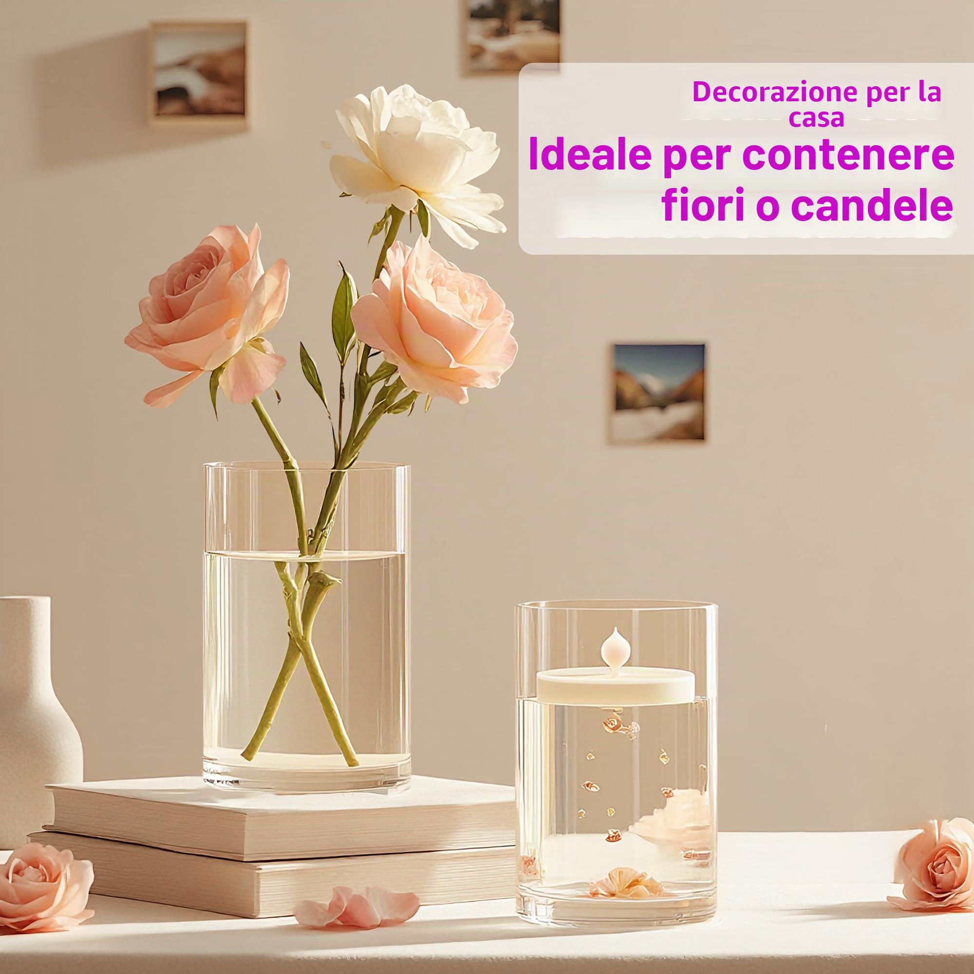 3 Pezzi di Vaso Cilindrico in Vetro Alto 15 cm, Ø 10 cm, Vasi in Vetro Trasparente per Fiori, Cilindro, Vaso da Tavolo per Fiori, Candele Galleggianti, Piante Verdi