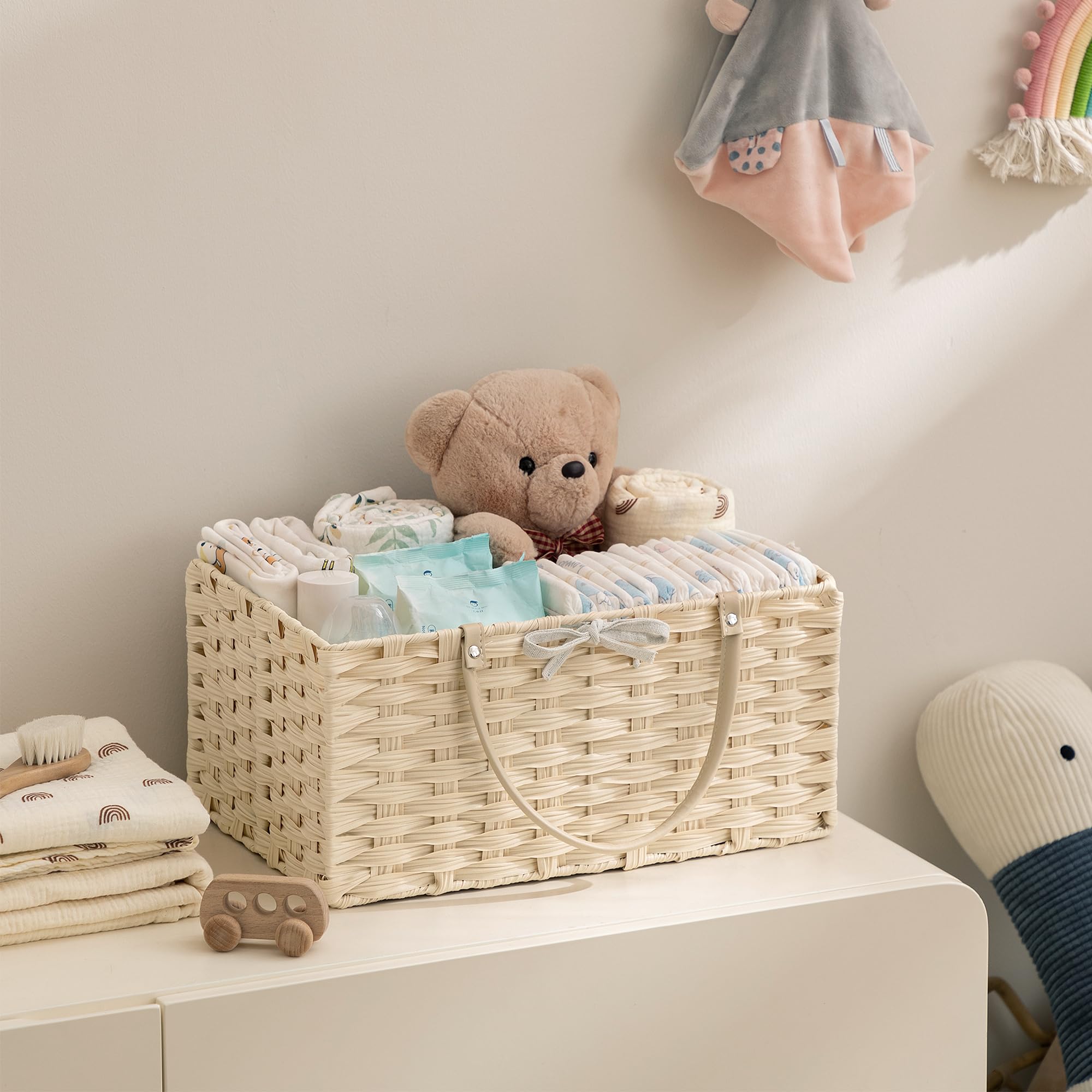 HBlife Organizador grande de pañales, lavable, impermeable, cesta tejida de mimbre portátil con divisor, estación de pañales para guardería, cesta de regalo para baby shower y organizador de coche