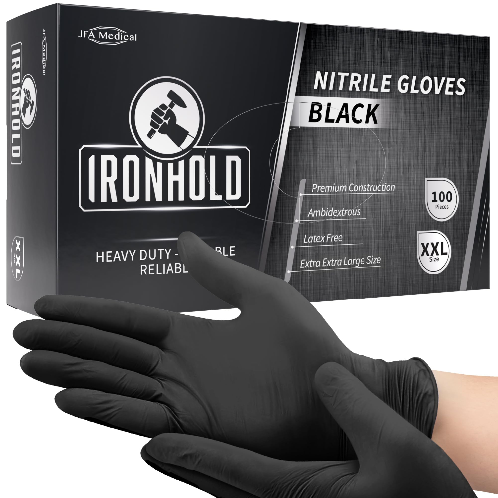 JFA Medical Disposable Mechanic, Tattooist, Tattoo Heavy Duty 5.5G Powder Free Latex Free Black Nitrile Gloves - Box of 100 (XXL)