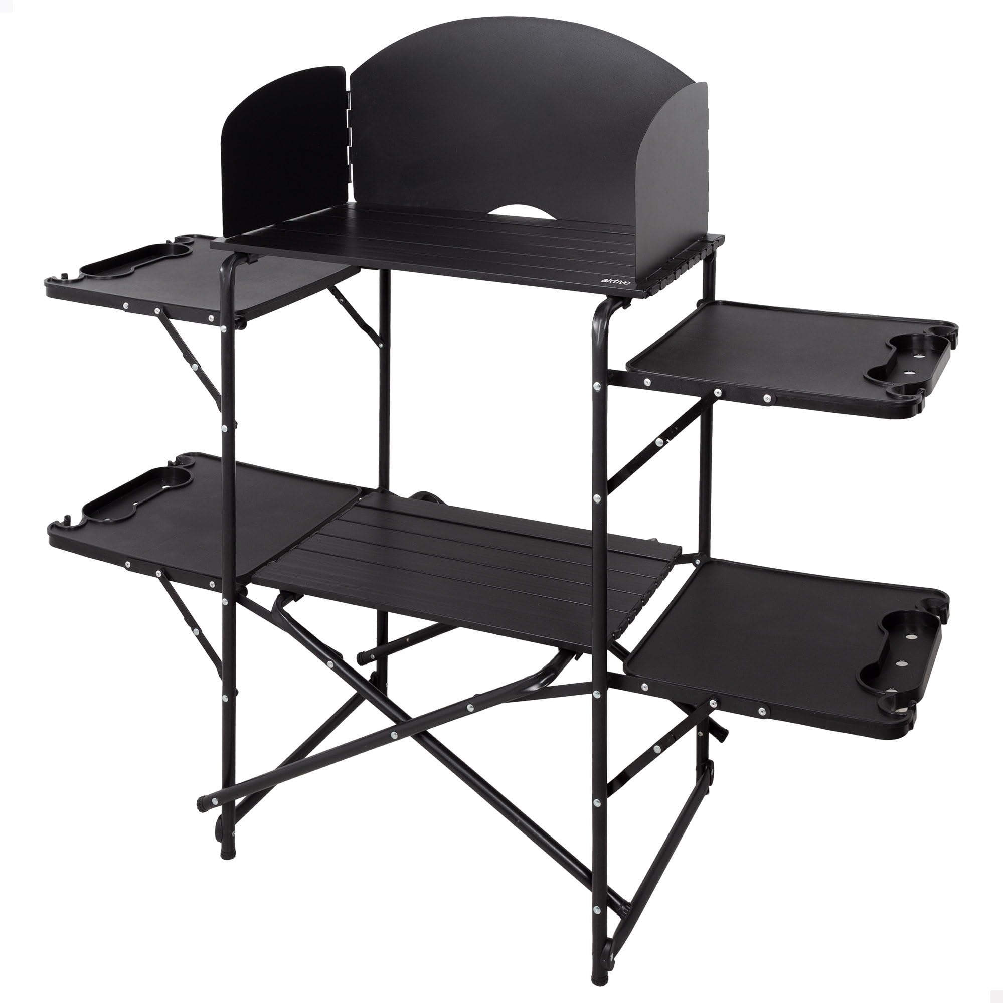 AKTIVE Folding Camping Cabinet, Black, 130 x 48 x 118 cm, Steel Frame, Supports 30 kg, Transport Bag, Portable Folding Table, Furniture Camper Van (63175)