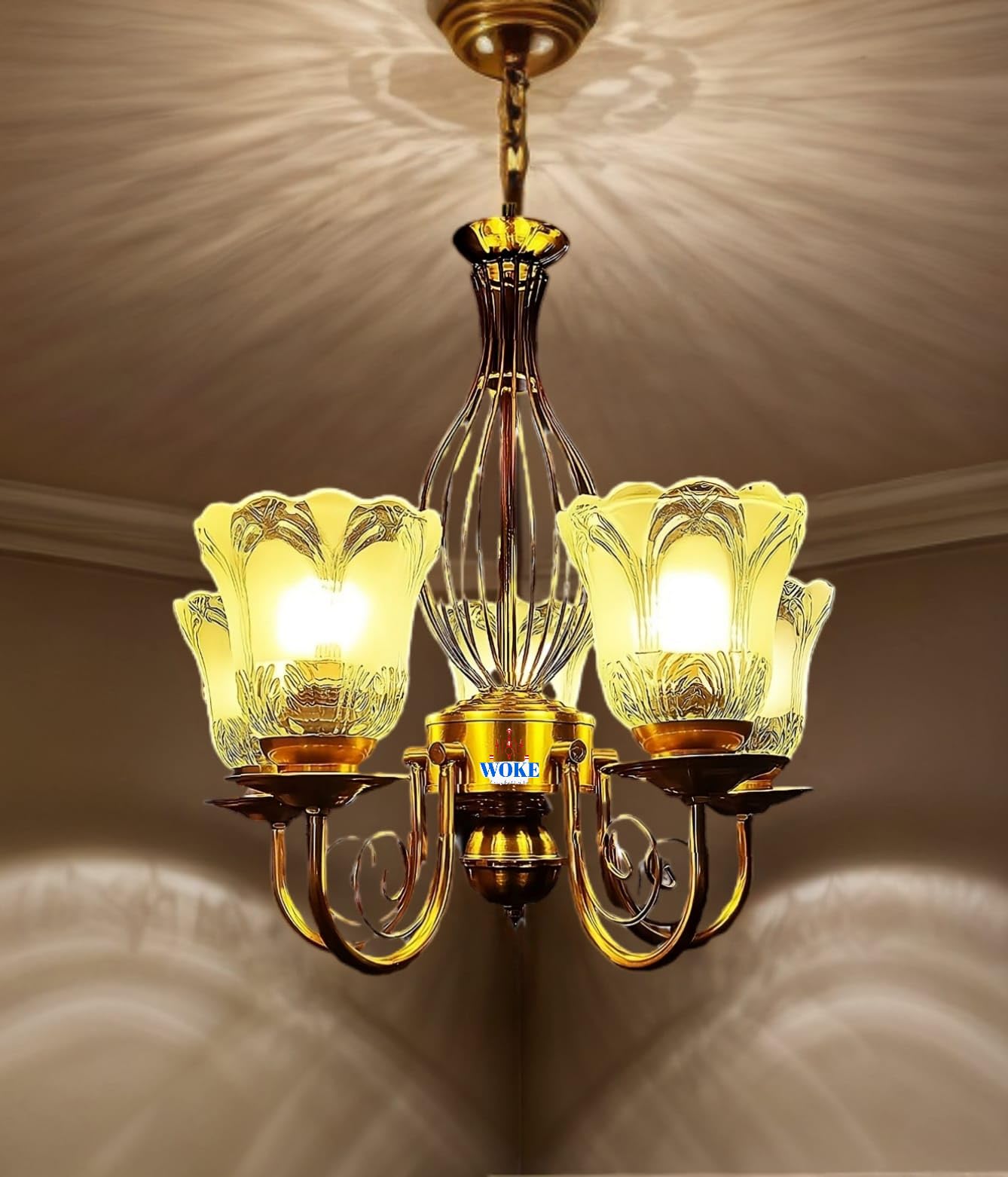 WOKE 5-Light Gold Chandelier with Glass Shades, Without Bulbs, French Style for Living Room, Dining Room, Bedroom, Kitchen 88100