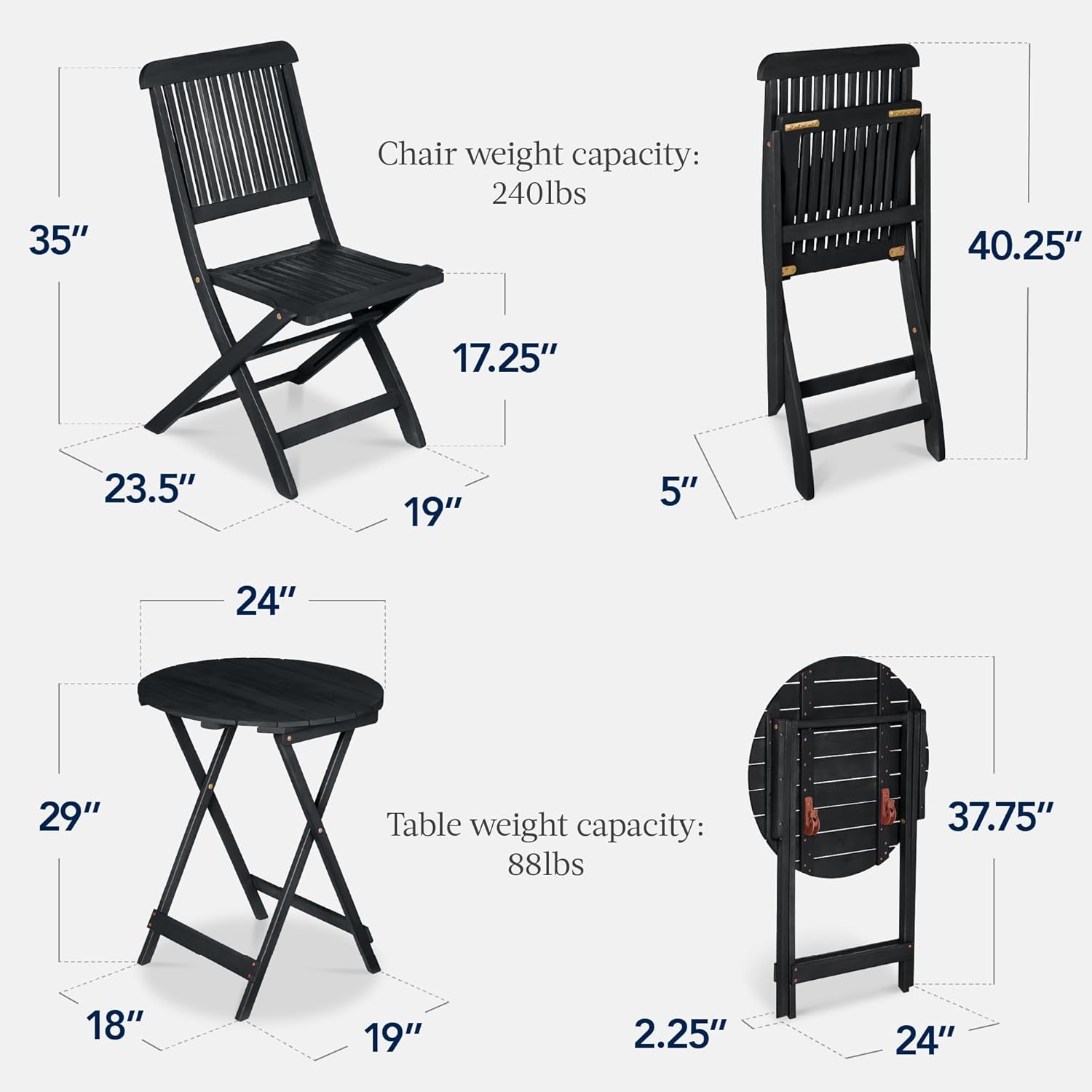 Best Choice Products 3-Piece Acacia Wood Bistro Set, Folding Patio Furniture for Backyard, Balcony, Deck w/ 2 Chairs, Round Coffee Table, Teak Finish - Charcoal