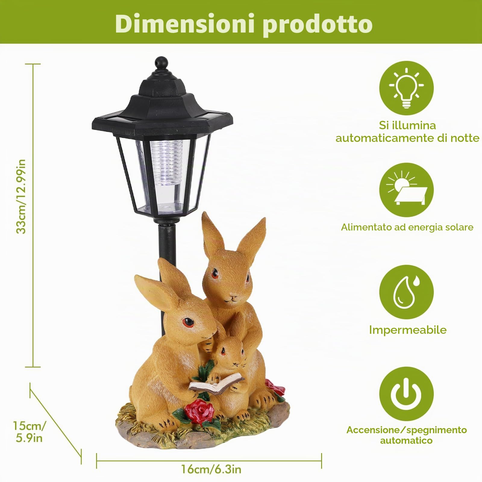 Solari Decor Statue da Giardino Coniglio Ornamenti con Luci Solari, Statua Decorativa Impermeabile in Resina per Esterni