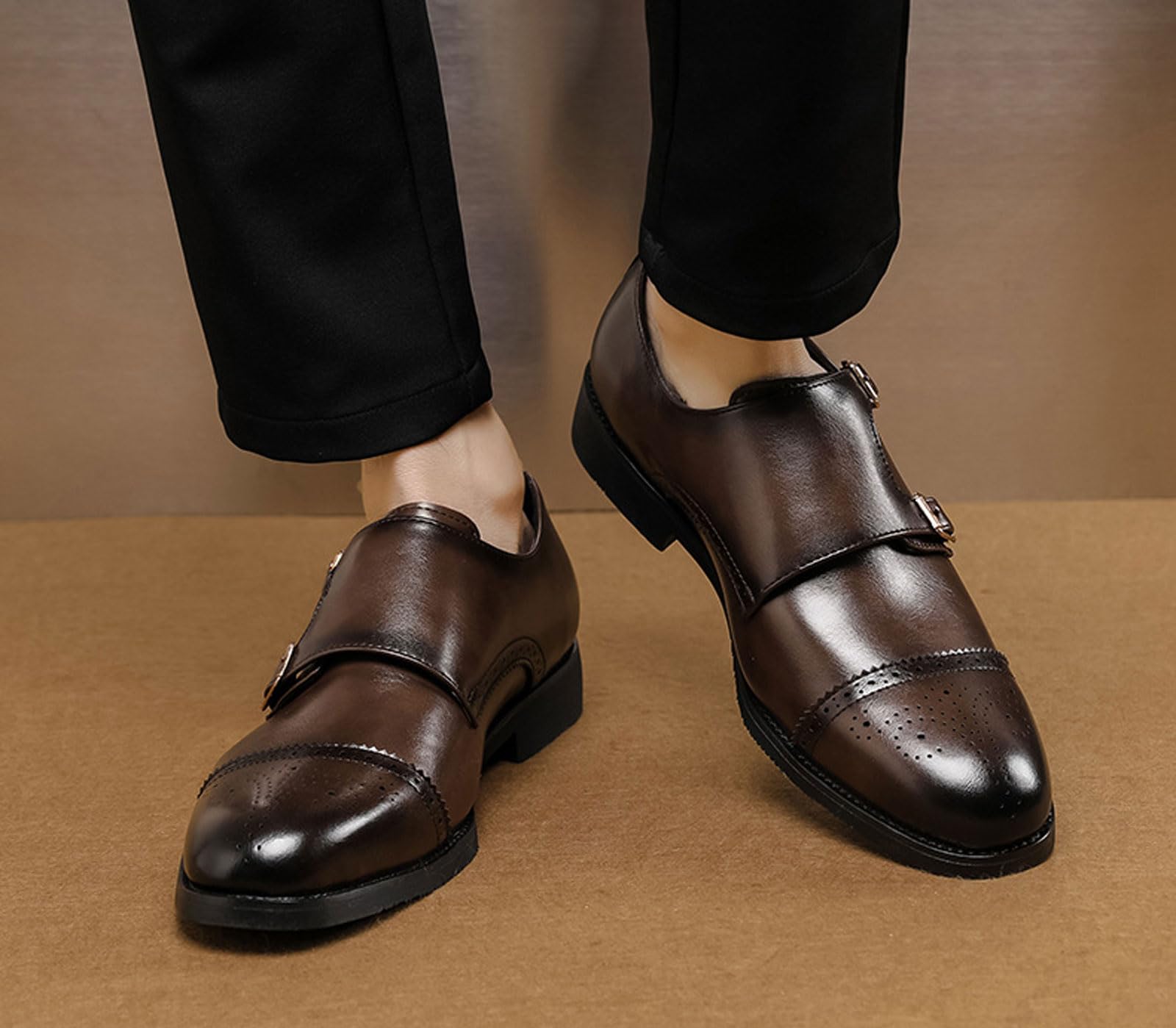 Scarpe Uomo Monk Doppia Fibbia Brogue, Scarpe Eleganti Punta Forata per Ufficio Matrimonio Abito