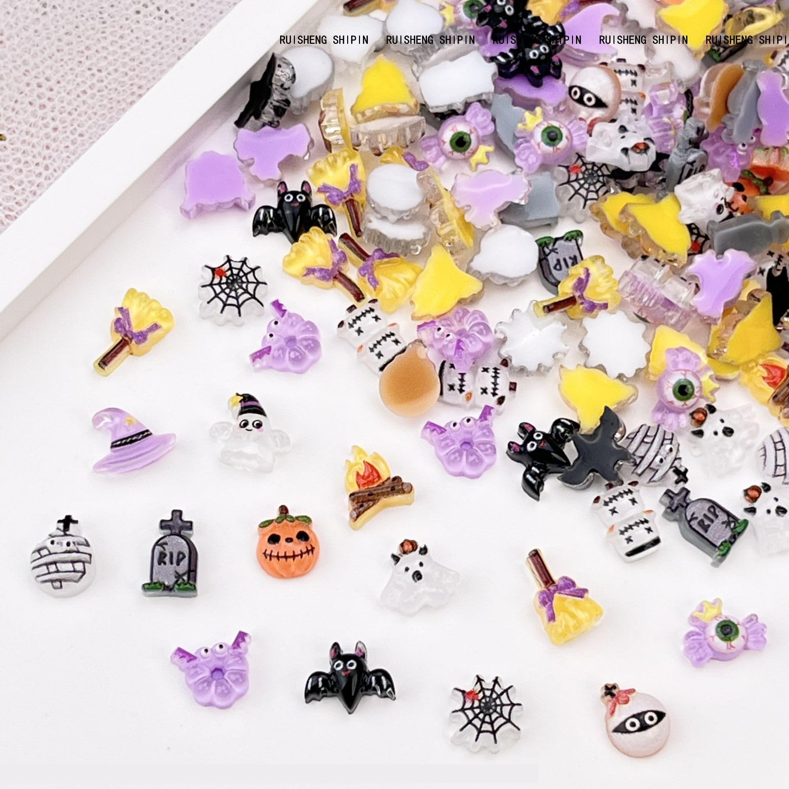 100Pcs Halloween Nail Art Charms Multi Shapes Colors 3D Pumpkin Torch Broom Nail Charms Cute Cartoon Bandage Web Ghost Tombstone Hat Nail Art