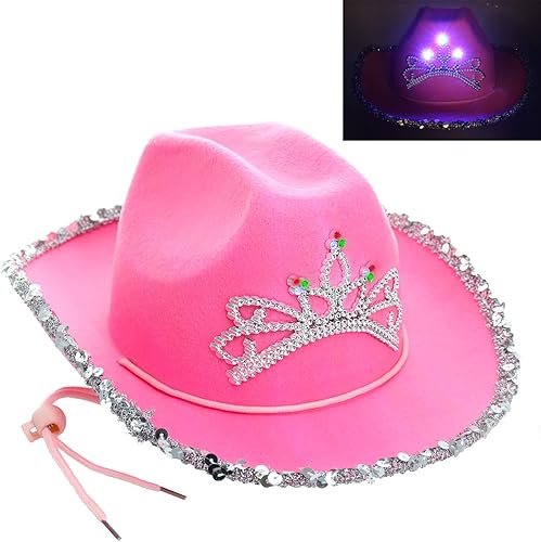 GIFTEXPRESS Sombrero de vaquero con tiara rosa parpadeante con luz LED tamaño adulto